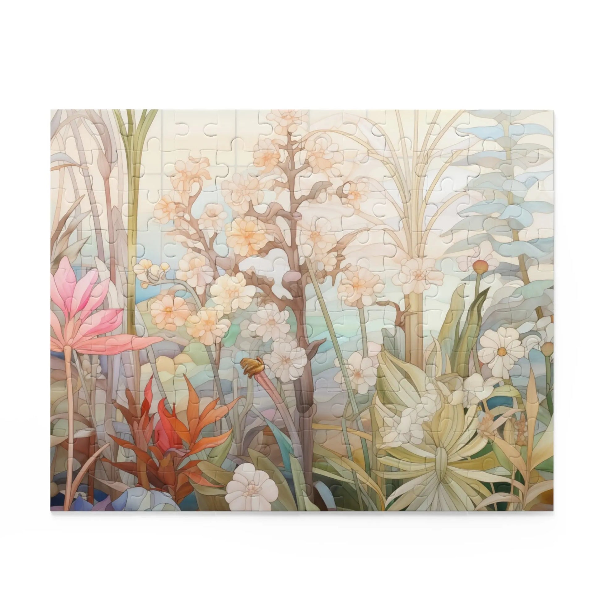 The Summer Botanicals Jigsaw Puzzle, ideal for puzzle enthusiasts, showcases abstract flowers and leaves. It includes pink, orange, and white blooms in soft pastel tones against a light blue background with various shapes and sizes.