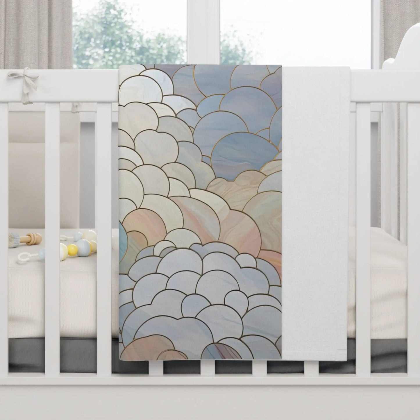 A picture of the Stained Glass Clouds Boho Baby Blanket, Calming Clouds Print from GlassyRock Arts.