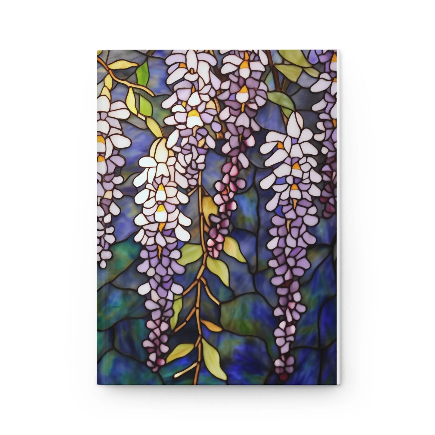 A picture of the Stained Glass Wisteria Flowers Hardcover Journal from GlassyRock Arts.