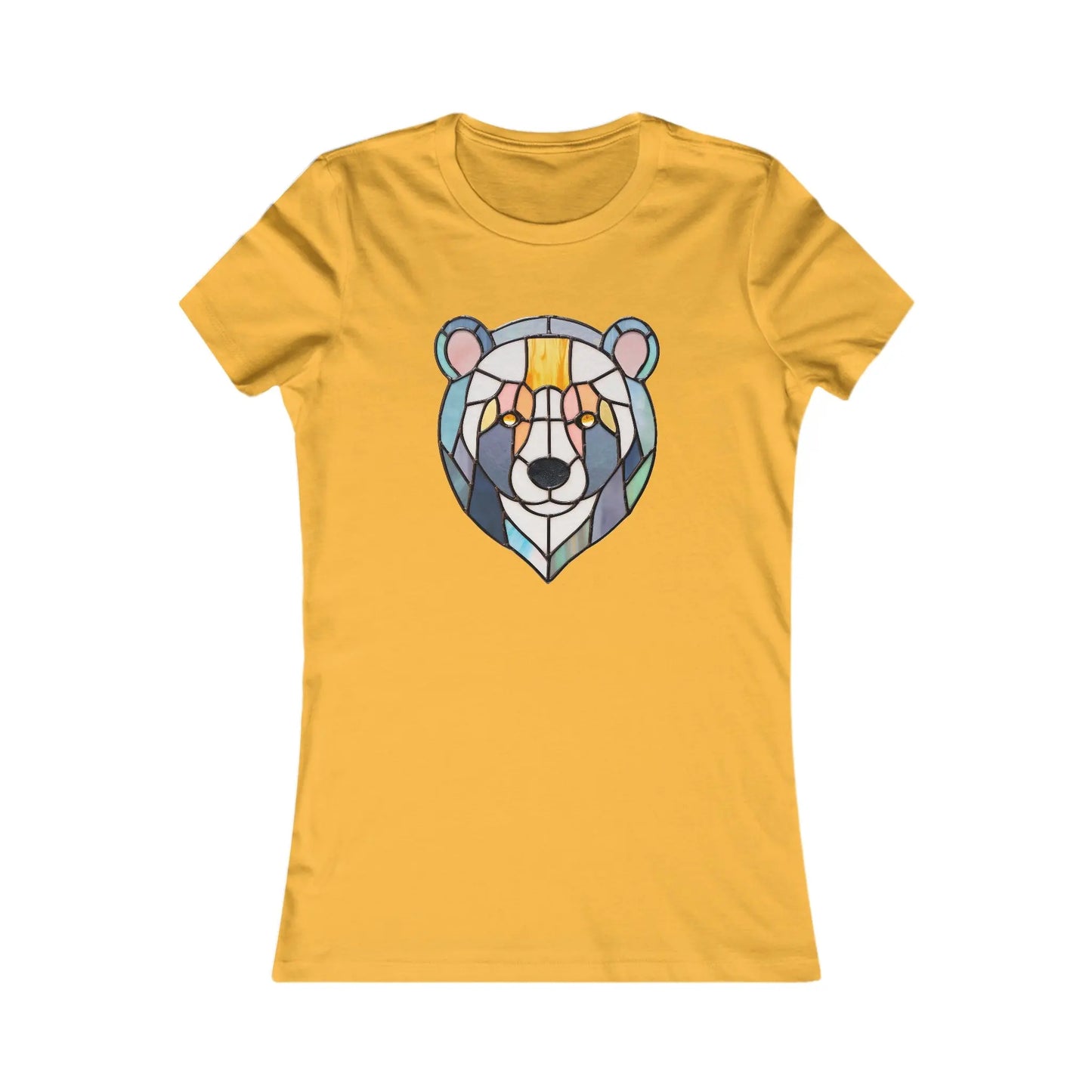 The Stained Glass Patchwork Bear Womens Tee Shirt is a sustainable yellow T-shirt featuring a modern geometric bear head design in blue, yellow, and gray on the front, made up of angular and abstract shapes for an artistic look.
