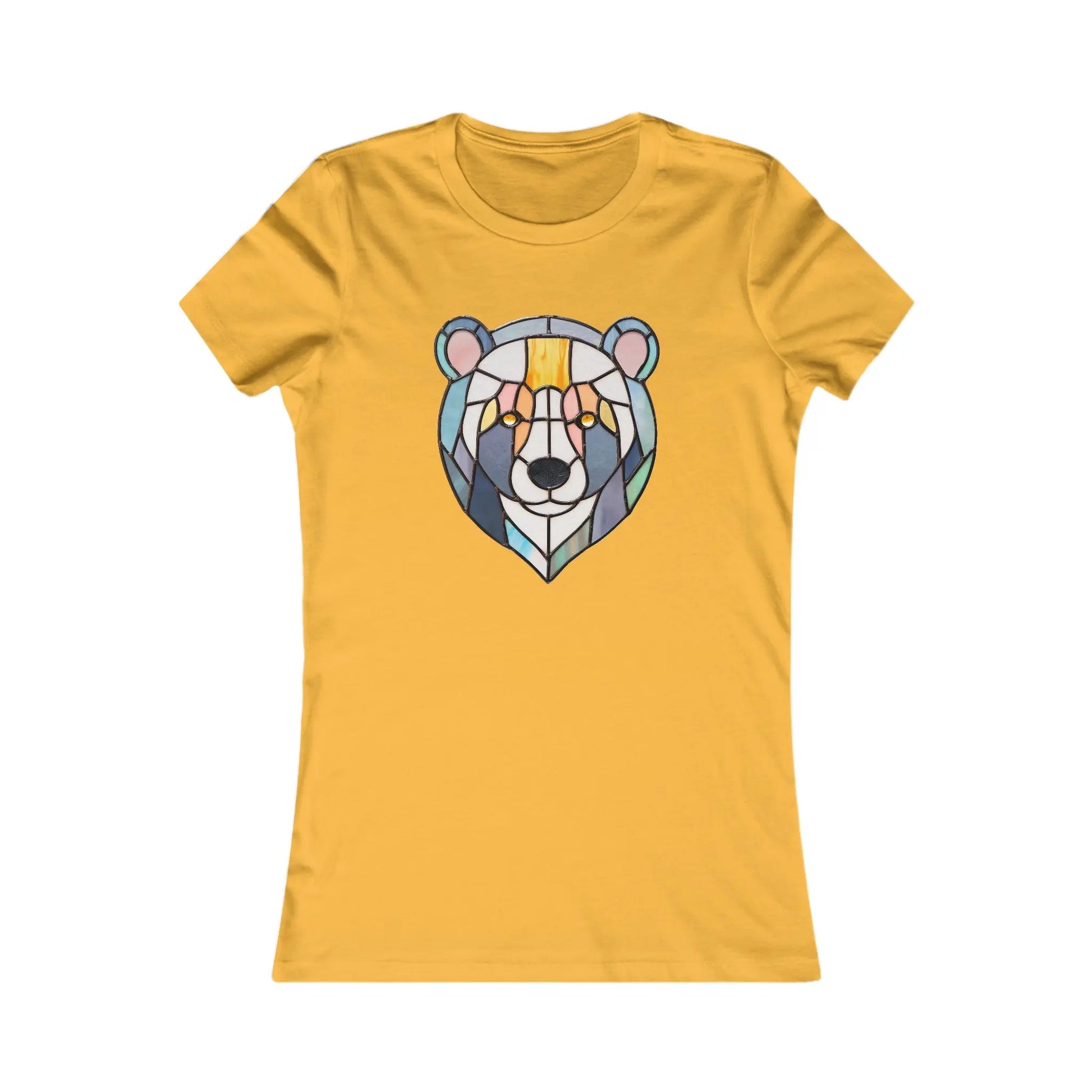 The Stained Glass Patchwork Bear Womens Tee Shirt is a sustainable yellow T-shirt featuring a modern geometric bear head design in blue, yellow, and gray on the front, made up of angular and abstract shapes for an artistic look.