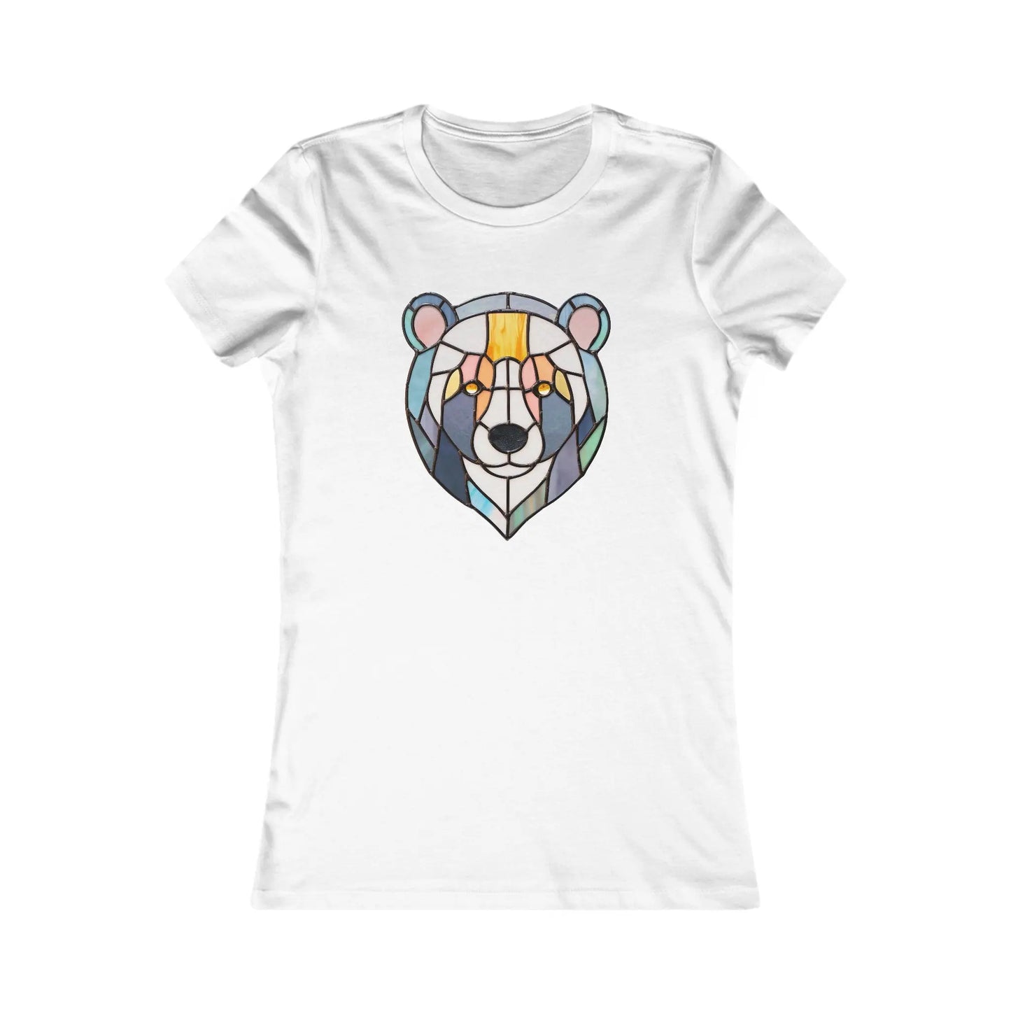 The Stained Glass Patchwork Bear Womens Tee Shirt features a geometric bear face in vibrant blues, oranges, and yellows, resembling a stained glass pattern and highlighting the beauty of sustainable fashion.