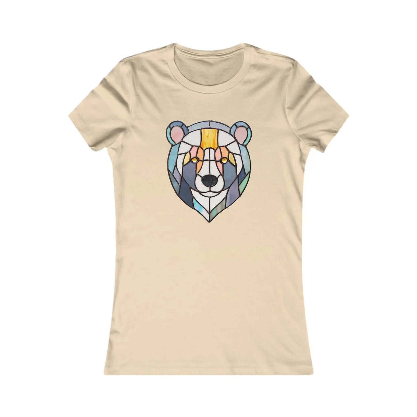 The Stained Glass Patchwork Bear Womens Tee Shirt features a unique bear face design in blue, orange, and yellow stained glass style on the front center.