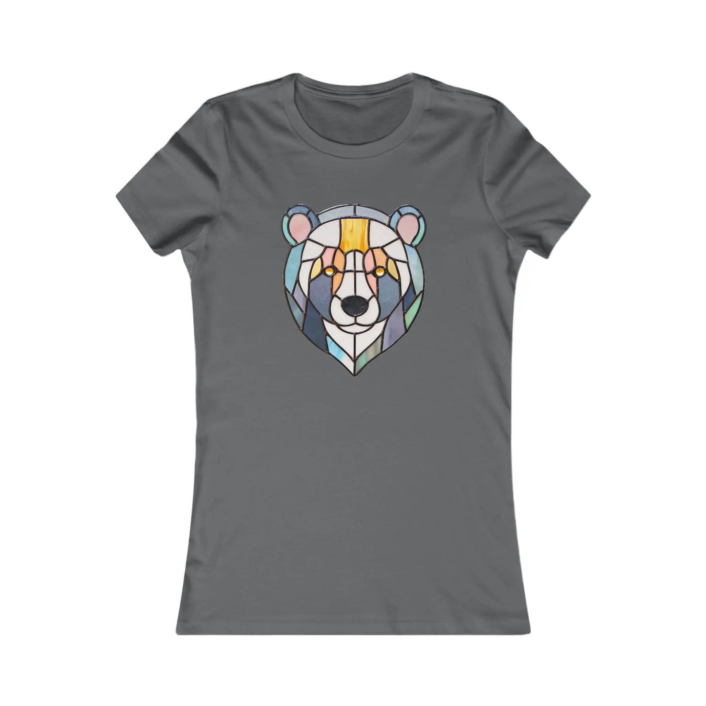 The Stained Glass Patchwork Bear Womens Tee Shirt is a sustainable gray T-shirt featuring original artwork of a geometric bear in vibrant blue, orange, and yellow shades that resemble a stained glass pattern.