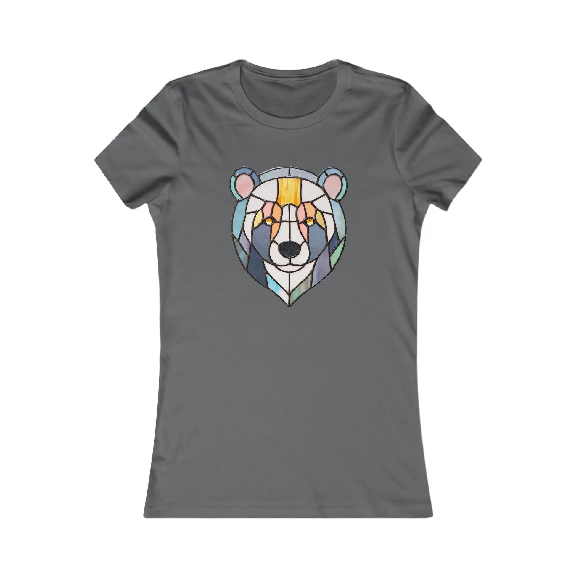 The Stained Glass Patchwork Bear Womens Tee Shirt is a sustainable gray T-shirt featuring original artwork of a geometric bear in vibrant blue, orange, and yellow shades that resemble a stained glass pattern.