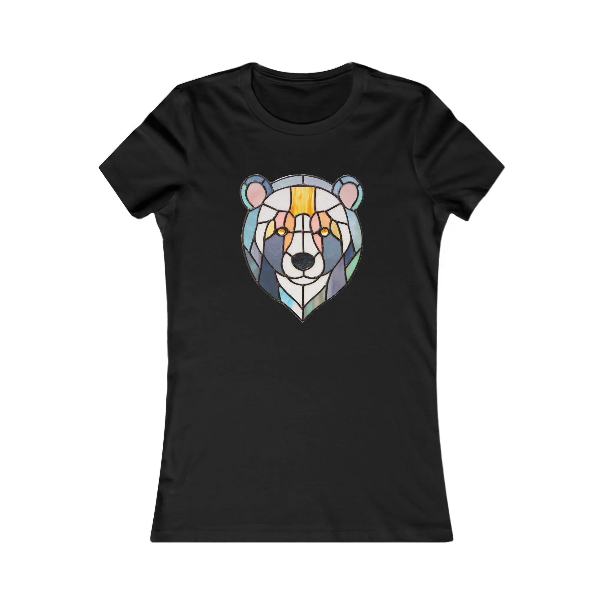 The Stained Glass Patchwork Bear Womens Tee Shirt features a sustainable design with an original geometric bear face artwork, showcasing vibrant orange, blue, and gray hues against a plain white background.