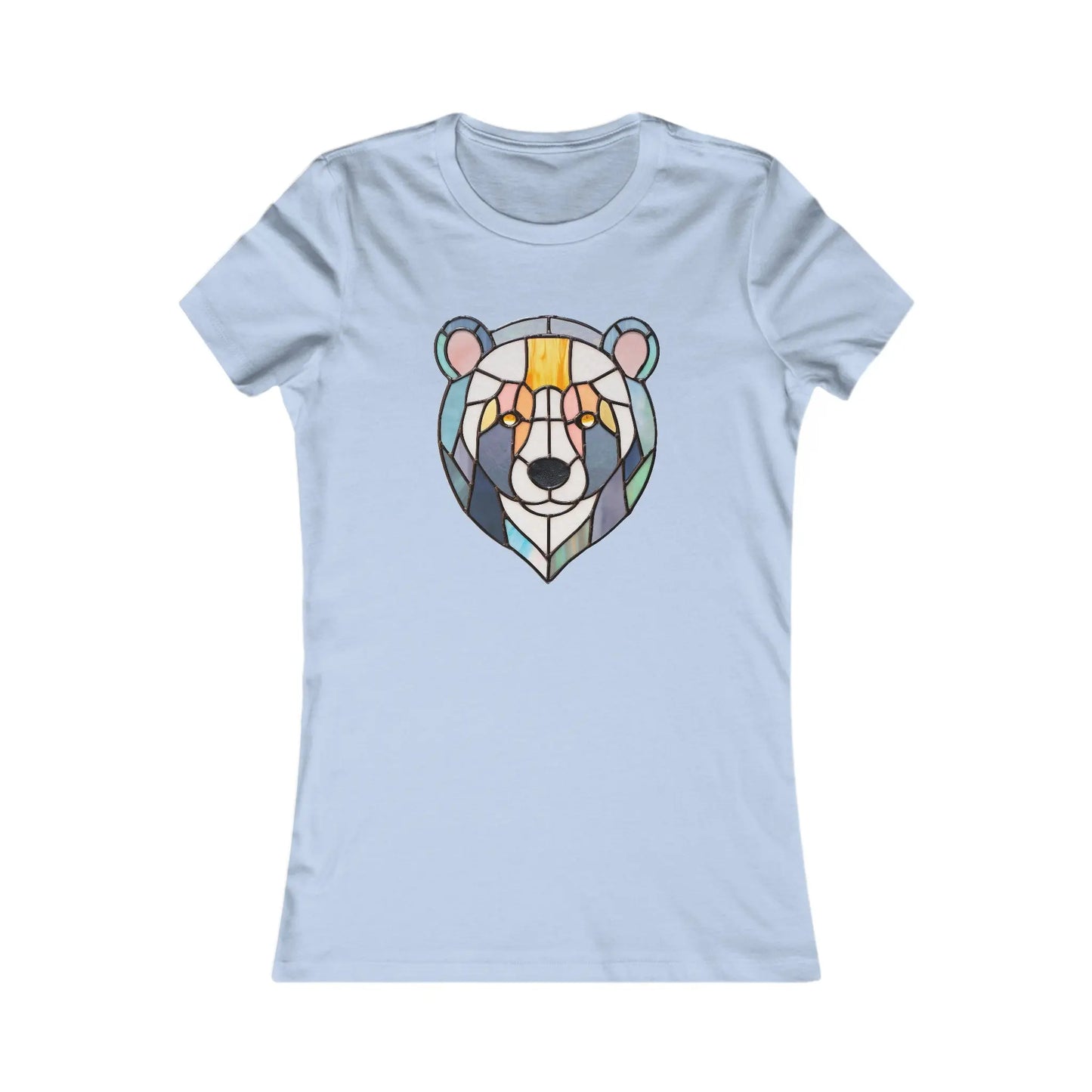The Stained Glass Patchwork Bear Womens Tee Shirt is a light blue top featuring an original artwork of a bears face with triangular patterns in vibrant orange, yellow, green, and gray hues, giving it a stained glass look. Plus, its crafted from sustainable materials.