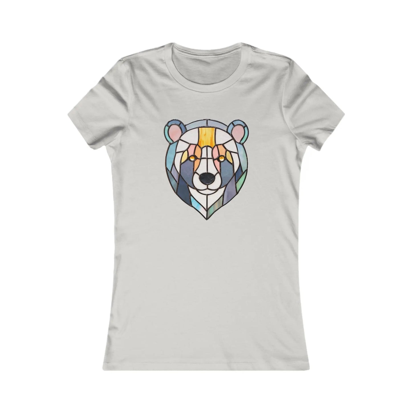 The Stained Glass Patchwork Bear Womens Tee features sustainable fabric and showcases a modern, abstract geometric bear head in colorful shades of blue, yellow, orange, and green.