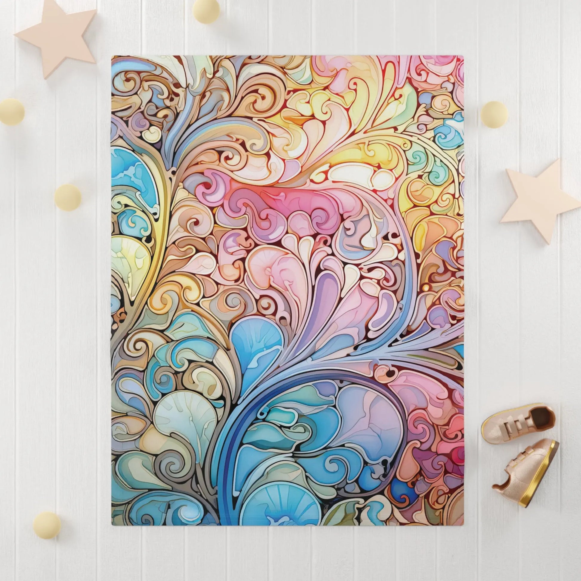 The Stained Glass Rainbow Baby Blanket features a beautiful rainbow paisley print with swirling patterns in blue, pink, yellow, and brown reminiscent of intricate leaves or waves. The light-textured background is decorated with small stars and spheres.