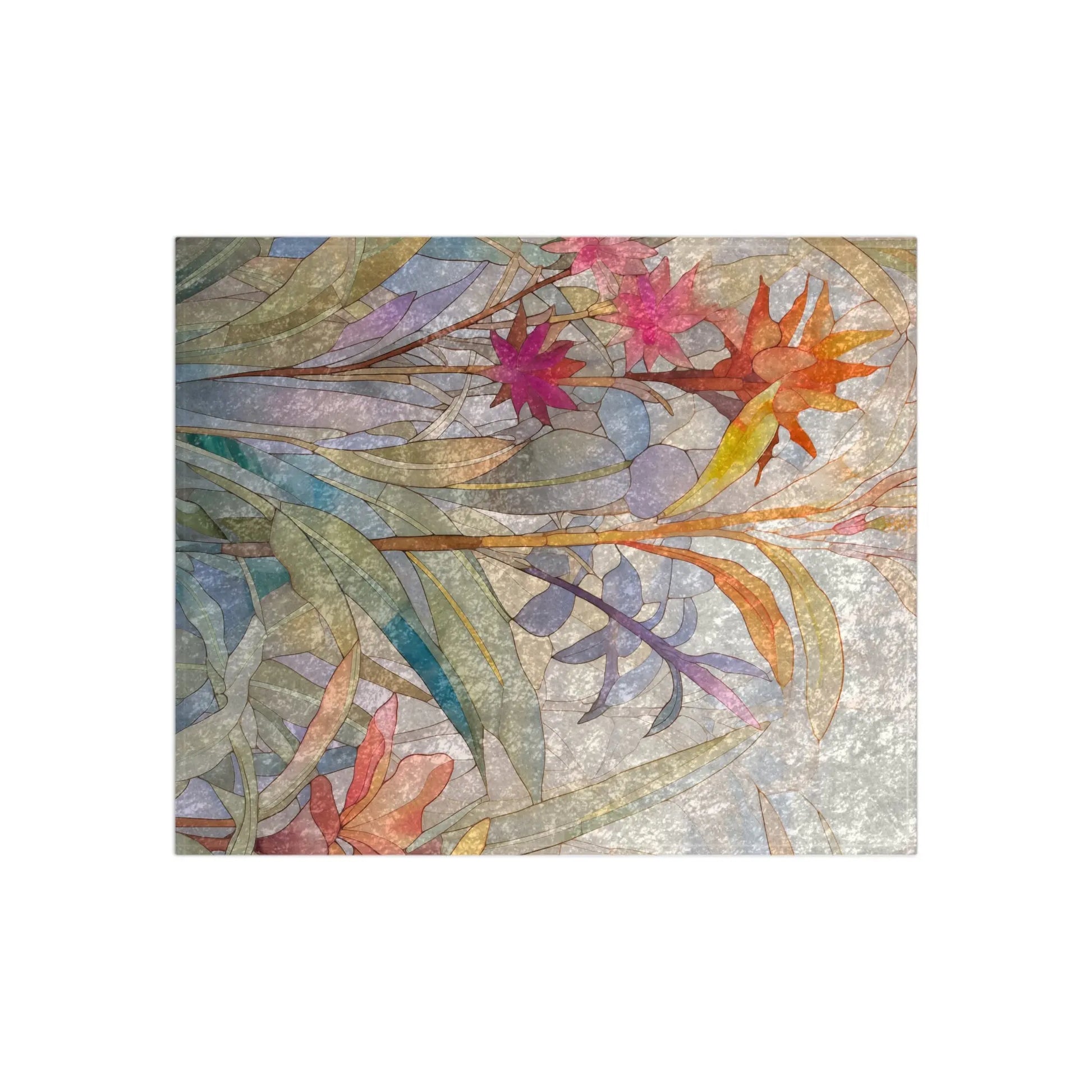 The Stained Glass Tropical Flowers Crushed Velvet & Fleece Blanket - 50x60 showcases colorful decorative leaves and flowers in shades of green, blue, red, orange, and pink on a textured background for a vibrant look.