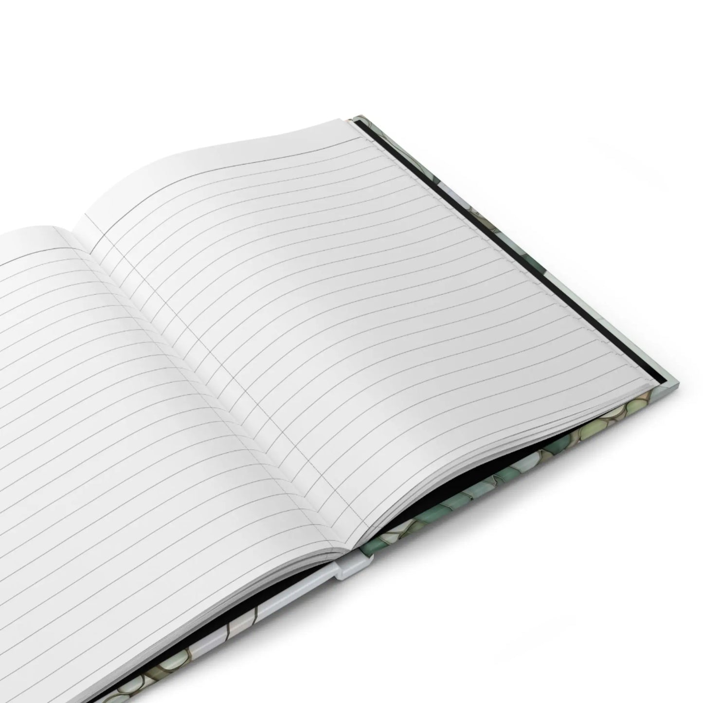 An open lined notebook rests on a white surface, revealing blank, horizontally-lined pages. The visible cover of the Retro Stained Glass Ferns Hardcover Journal showcases a colorful stained glass design, adding retro flair.