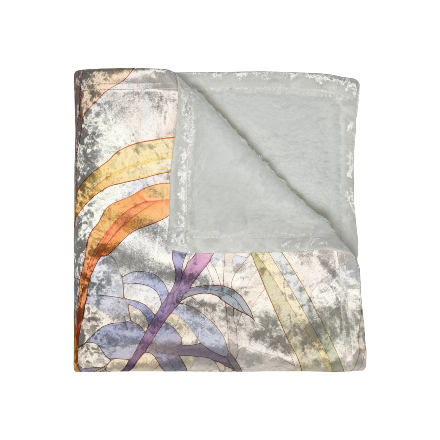 The 50x60 Stained Glass Tropical Flowers Blanket features an original colorful abstract plant design against a muted background on one side and soft crushed velvet on the other, with shades of purple, yellow, and gray adding vibrant contrast.