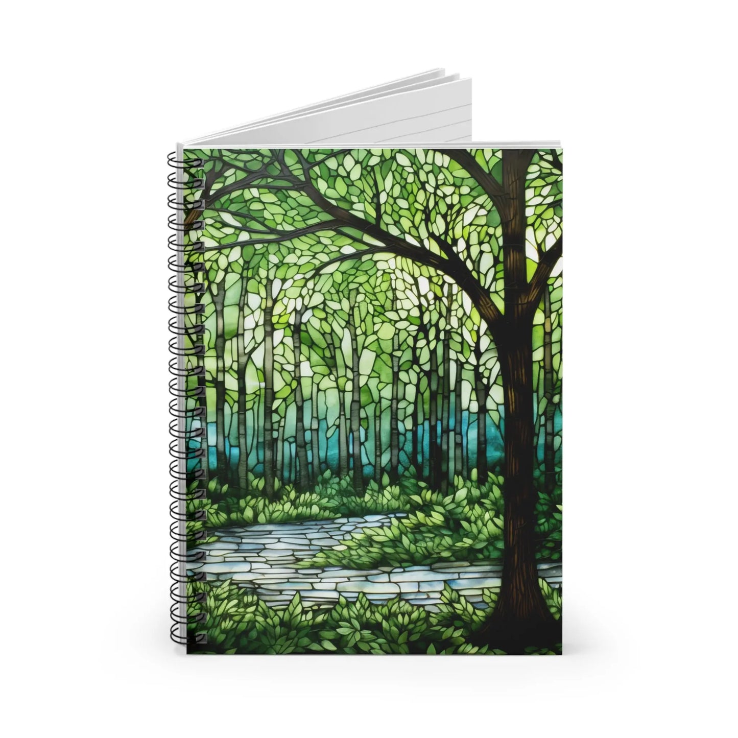 The Stained Glass Forest Spiral Notebook features a spiral-bound cover adorned with stylized art depicting a verdant forest, tall trees, and a winding path. Inside, youll find blank lined pages perfect for capturing your thoughts and ideas.