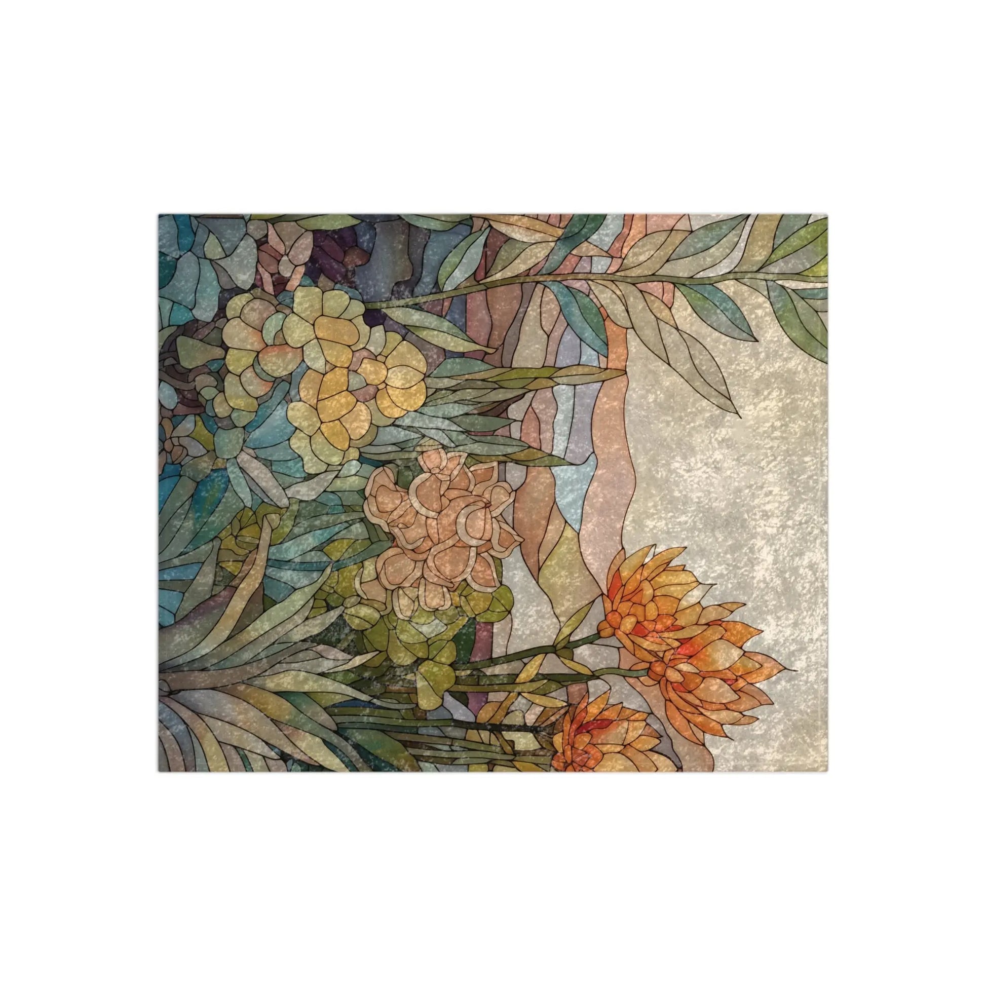 The Stained Glass Succulents Crushed Velvet Blanket - 50x60 features a vibrant, multi-colored floral design with flowers and leaves in orange, yellow, green, and blue. Its textured background enhances the natural artistry like crushed velvet adds depth to luxury textiles.