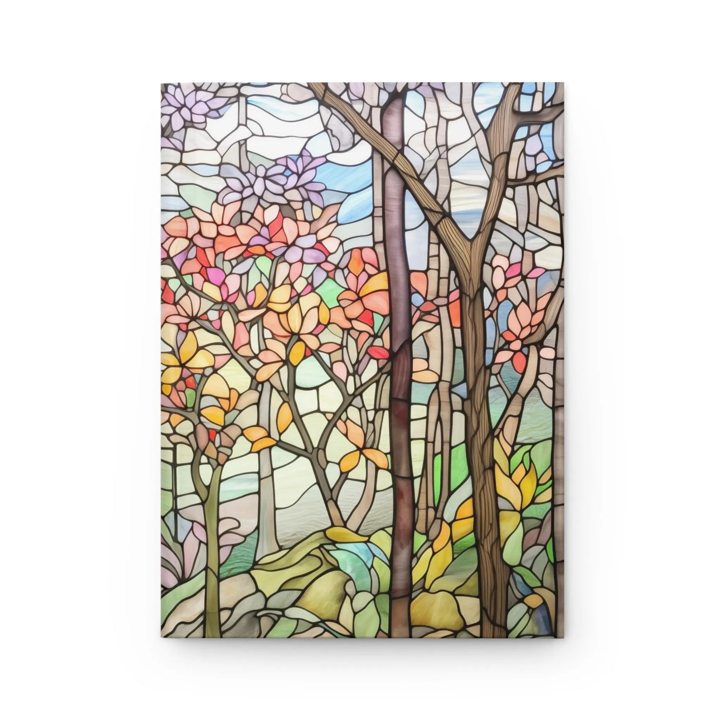 A picture of the Stained Glass Spring Forest Hardcover Journal from GlassyRock Arts.