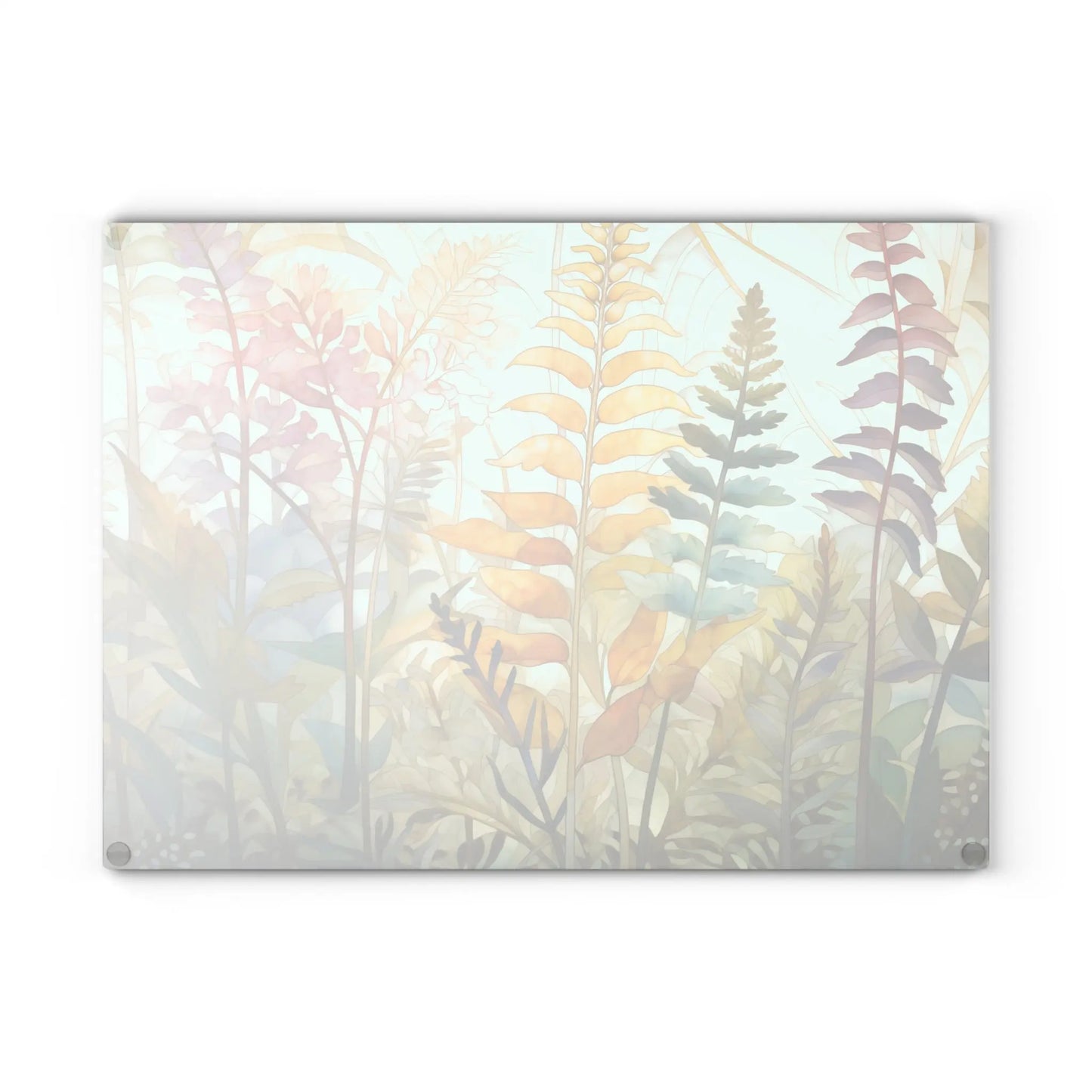 The Stained Glass Pastel Ferns Glass Cutting Board evokes serenity with its muted, pastel botanical illustration merging pink, yellow, green, and blue shades. The stained glass-inspired design blends foliage seamlessly into the backdrop for a gentle atmosphere.