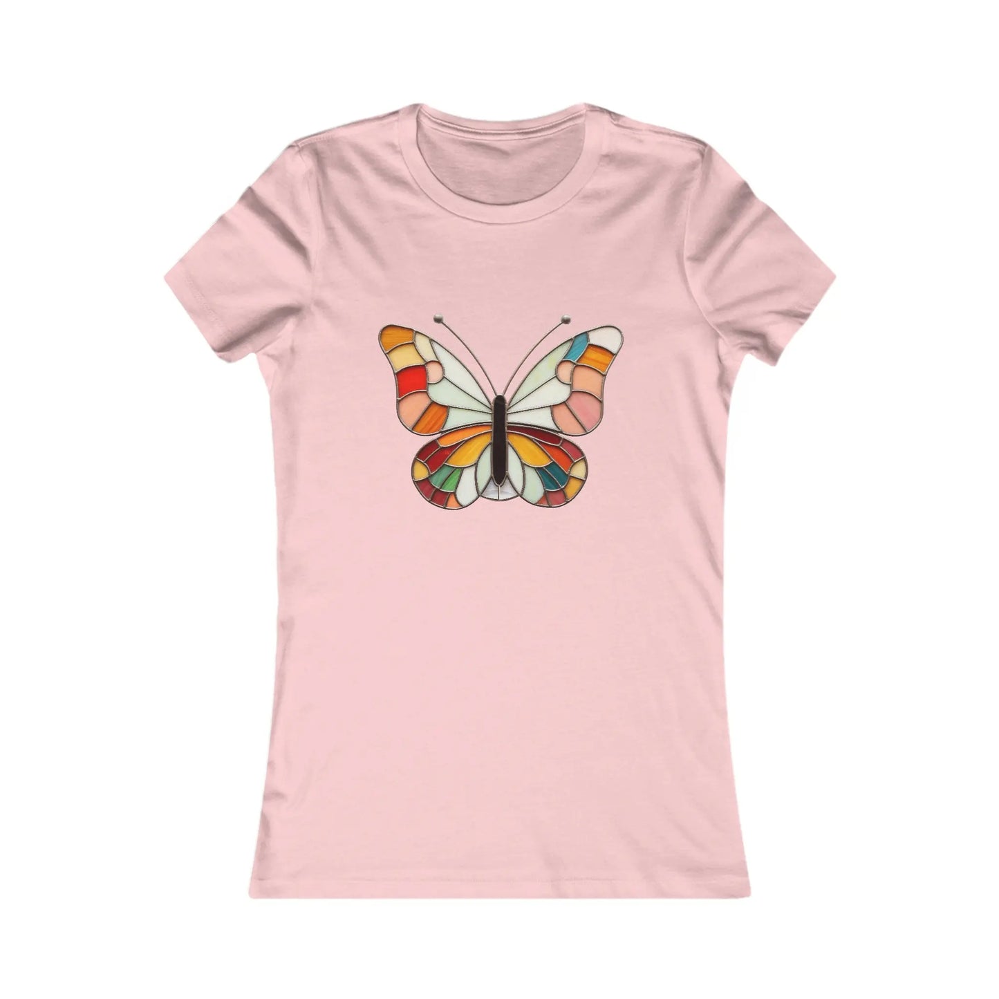 The Stained Glass Groovy Butterfly Womens Tee Shirt by Bella+Canvas features a vibrant butterfly design with hues of red, orange, yellow, green, and blue. Its stained glass effect adds a stunning patterned look to this pink tee, part of our sustainable clothing collection.
