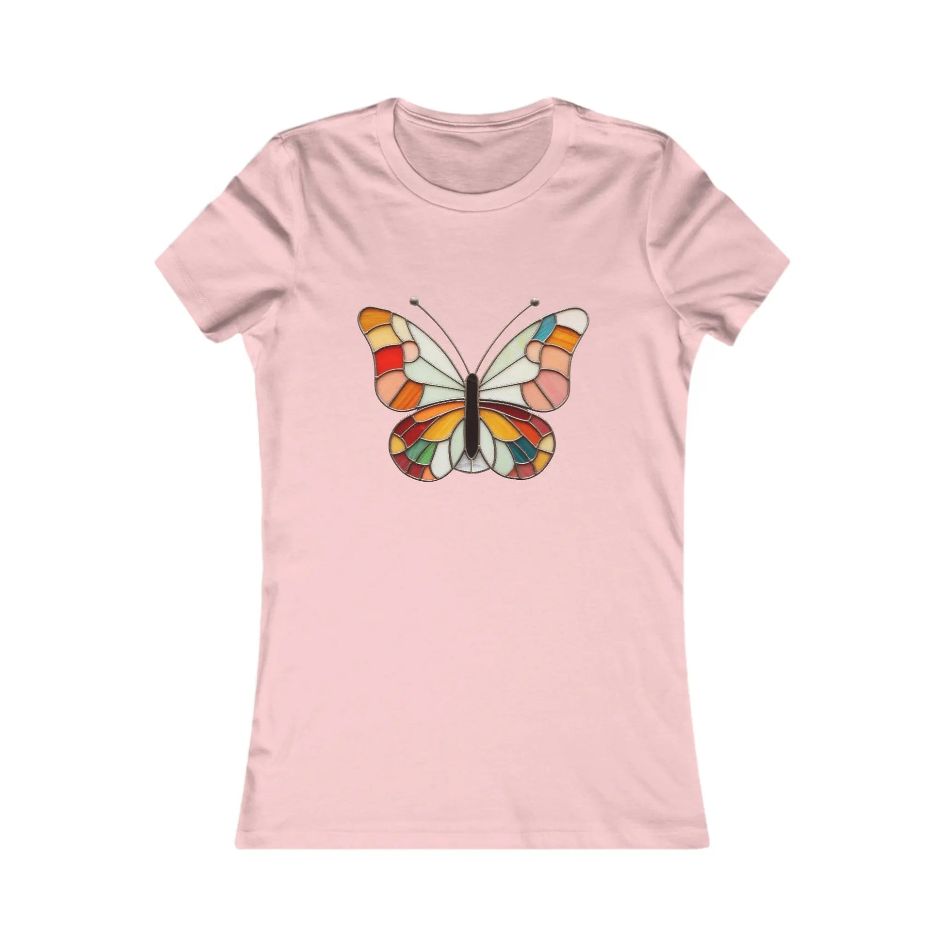 The Stained Glass Groovy Butterfly Womens Tee Shirt by Bella+Canvas features a vibrant butterfly design with hues of red, orange, yellow, green, and blue. Its stained glass effect adds a stunning patterned look to this pink tee, part of our sustainable clothing collection.