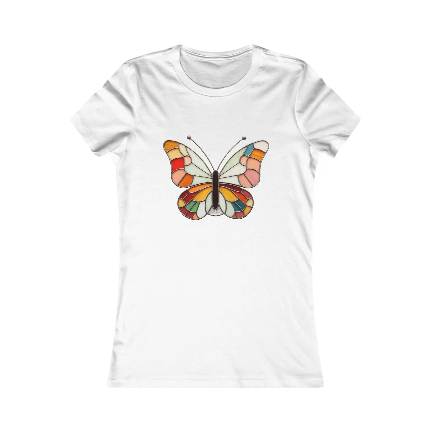 Check out the Stained Glass Groovy Butterfly Womens Tee Shirt from Bella+Canvas, featuring a vibrant design in shades of orange, green, red, and beige. This sustainably crafted shirt boasts a classic fit that enhances any wardrobe.