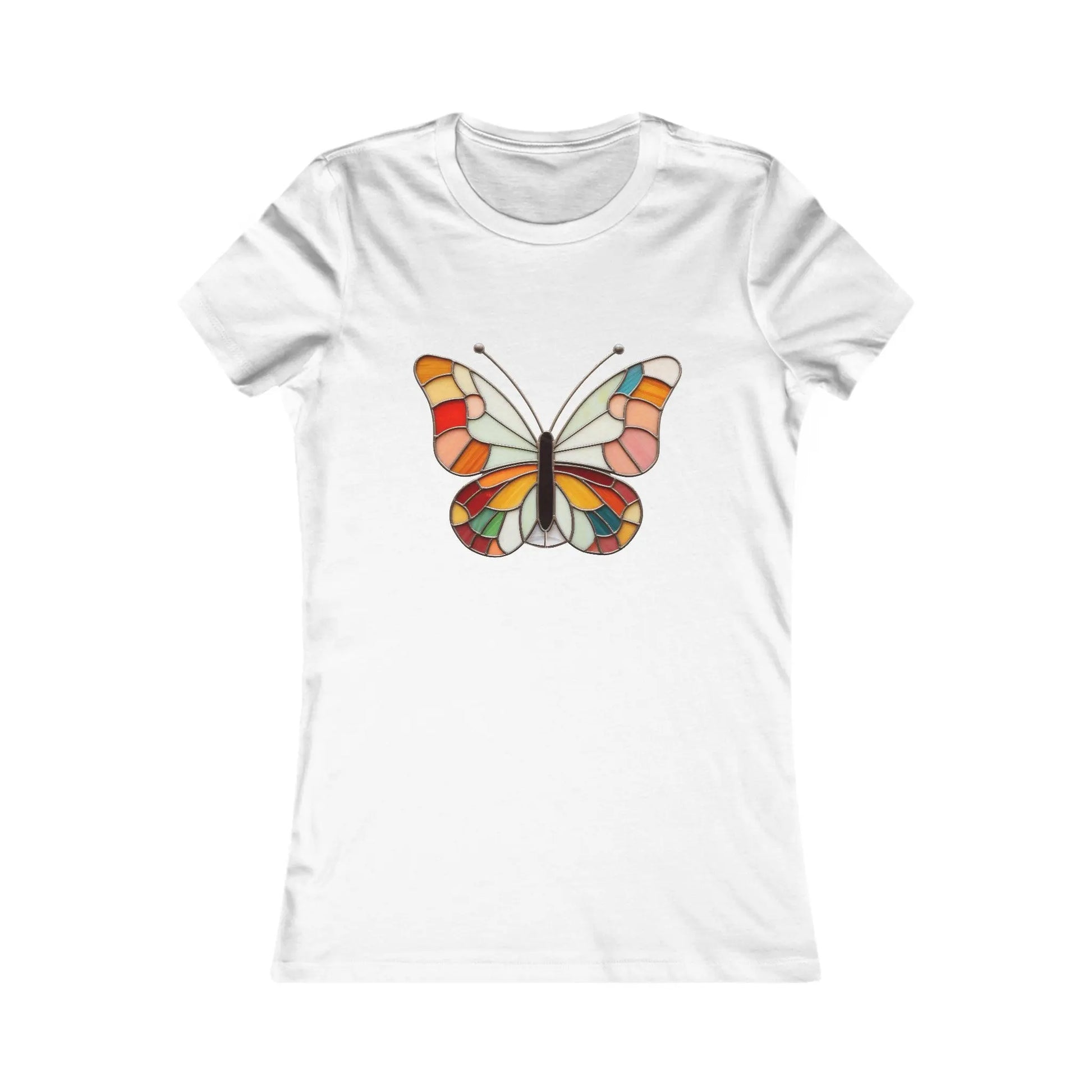 Check out the Stained Glass Groovy Butterfly Womens Tee Shirt from Bella+Canvas, featuring a vibrant design in shades of orange, green, red, and beige. This sustainably crafted shirt boasts a classic fit that enhances any wardrobe.