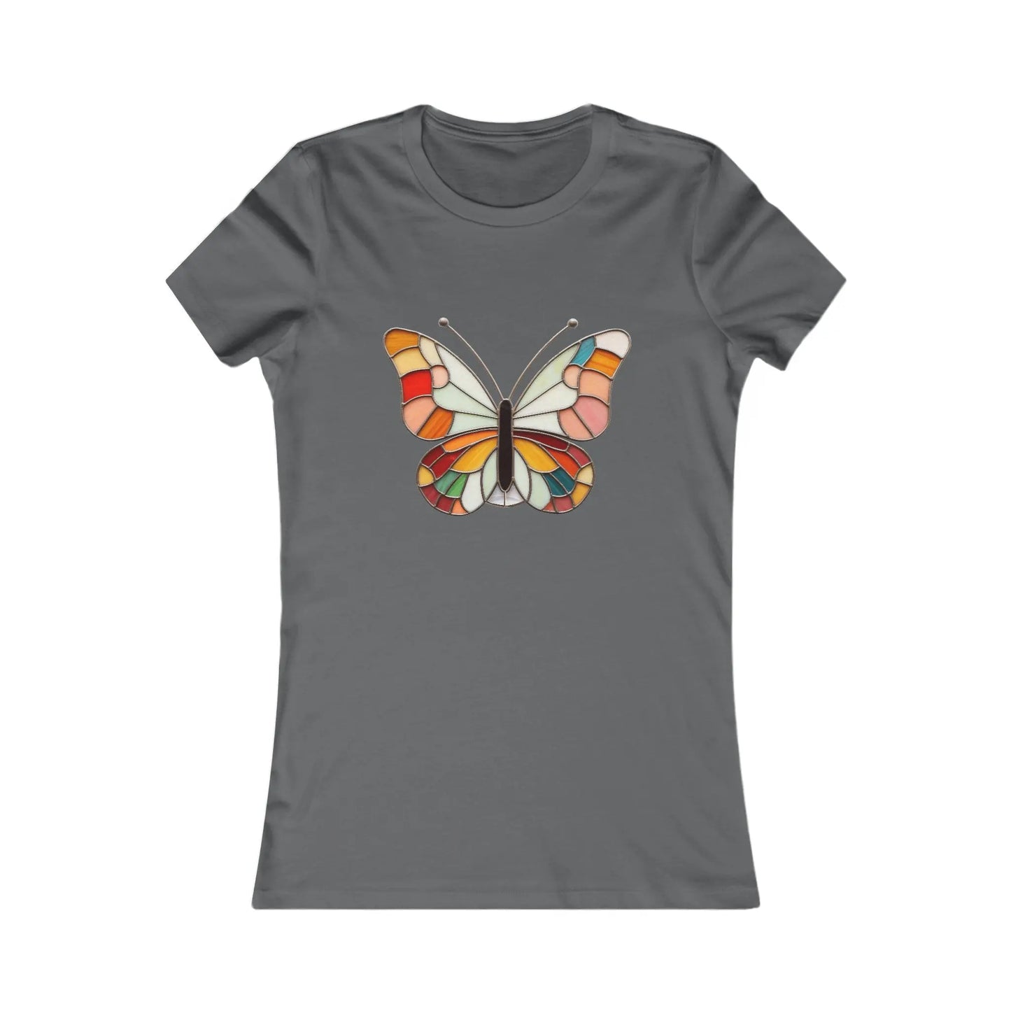 The Stained Glass Groovy Butterfly Womens Tee Shirt by Bella+Canvas features a colorful butterfly with orange, red, white, and yellow hues on its wings against a plain white background. This sustainable piece is beautifully centered on the chest.