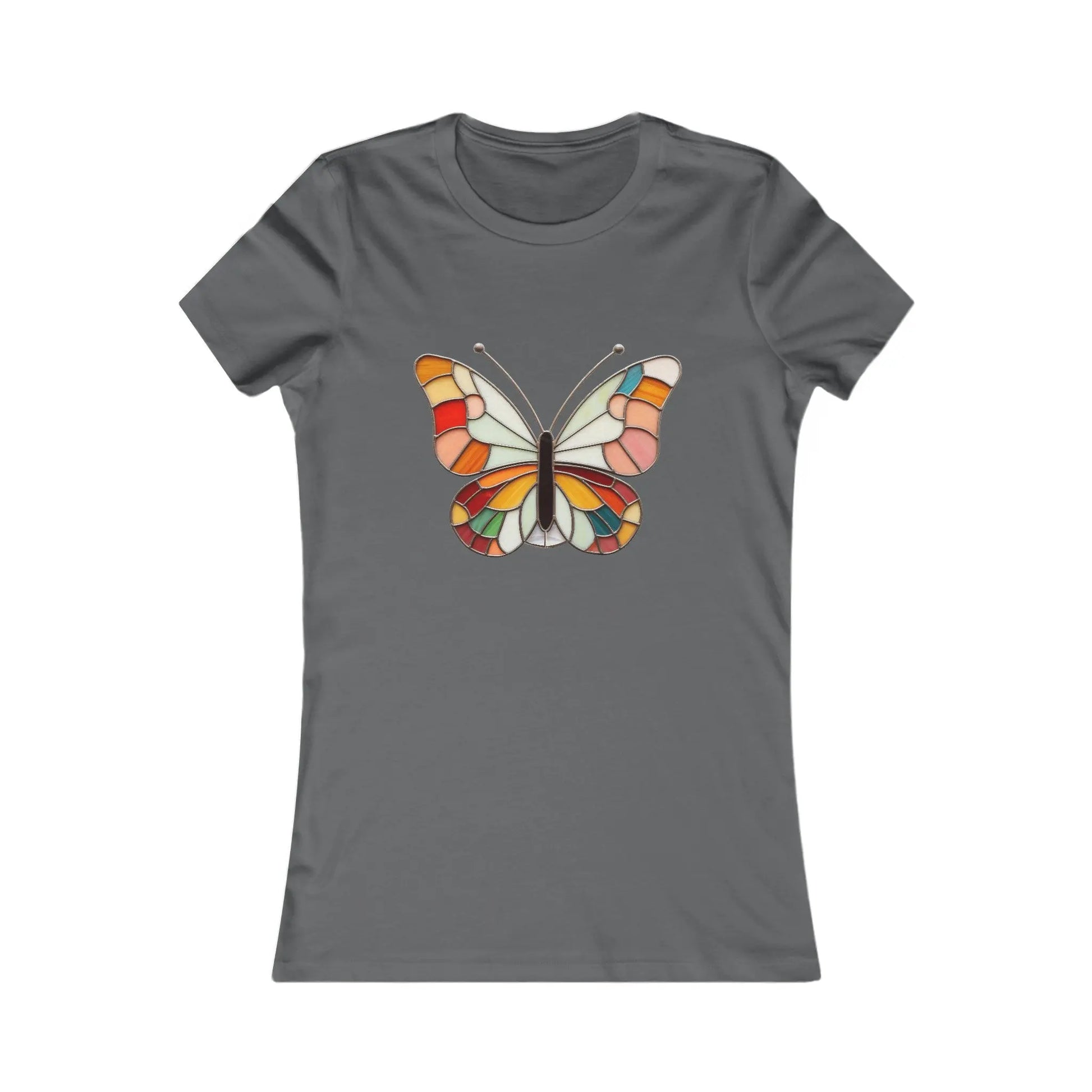 The Stained Glass Groovy Butterfly Womens Tee Shirt by Bella+Canvas features a colorful butterfly with orange, red, white, and yellow hues on its wings against a plain white background. This sustainable piece is beautifully centered on the chest.