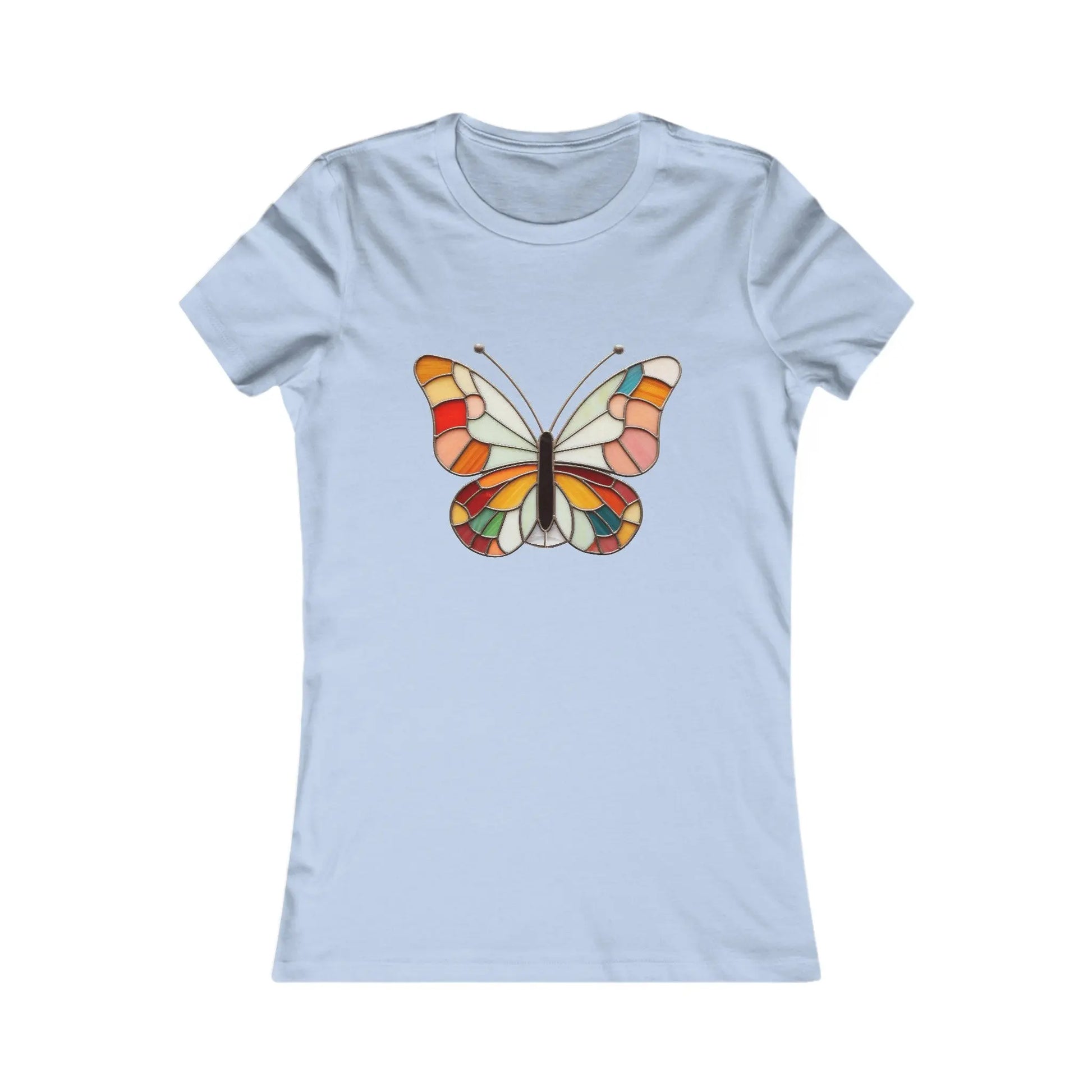 Introducing the Stained Glass Groovy Butterfly Womens Tee Shirt by Bella+Canvas, featuring a light blue hue and a colorful butterfly design with vibrant orange, red, yellow, and white segments outlined in black. Experience enchanting style while supporting sustainable fashion.