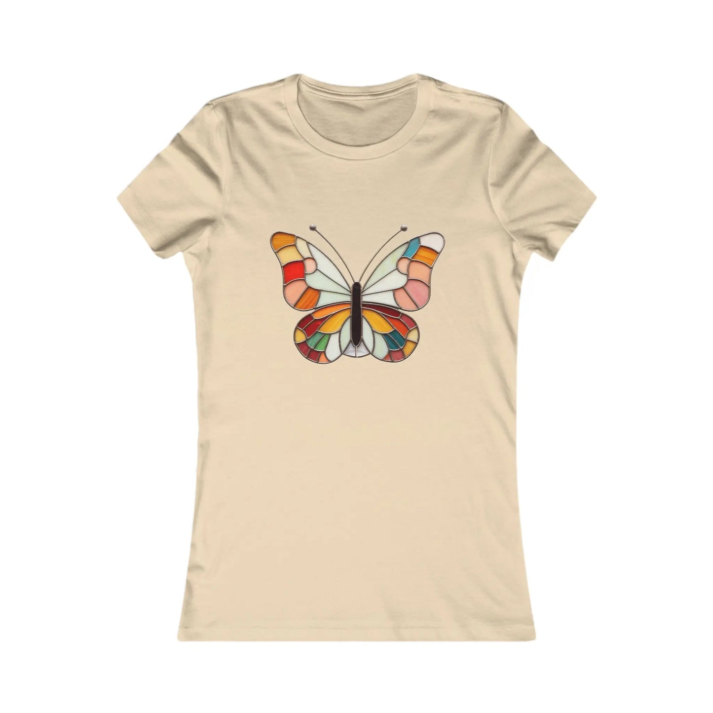 The beige Stained Glass Groovy Butterfly Womens Tee Shirt by Bella+Canvas features a vibrant stained glass butterfly design in red, orange, yellow, blue, and pink. Part of our sustainable line, it offers an eco-friendly artistic statement with a symmetrical pattern.