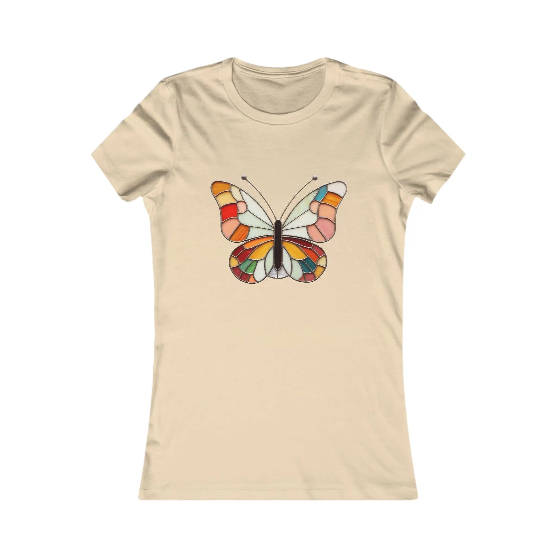The beige Stained Glass Groovy Butterfly Womens Tee Shirt by Bella+Canvas features a vibrant stained glass butterfly design in red, orange, yellow, blue, and pink. Part of our sustainable line, it offers an eco-friendly artistic statement with a symmetrical pattern.