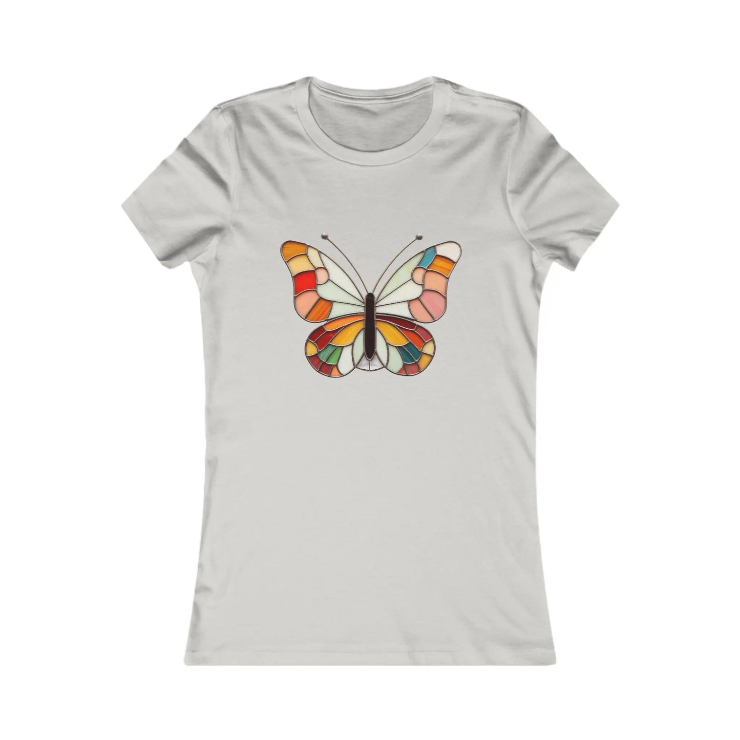 Bella+Canvass Stained Glass Groovy Butterfly Womens Tee Shirt showcases a colorful butterfly in a stained glass mosaic style with orange, red, yellow, and green hues on a white background.
