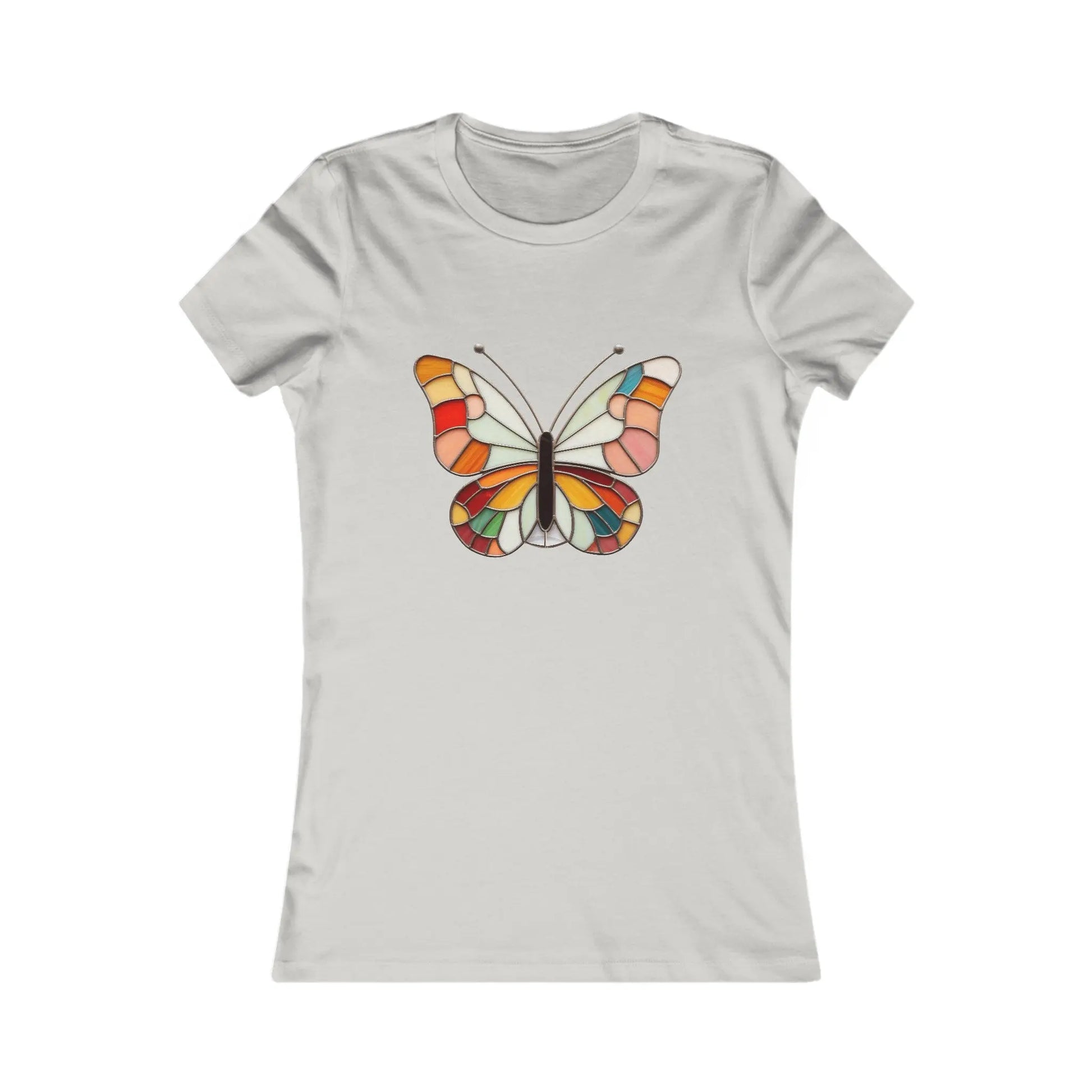 Bella+Canvass Stained Glass Groovy Butterfly Womens Tee Shirt showcases a colorful butterfly in a stained glass mosaic style with orange, red, yellow, and green hues on a white background.