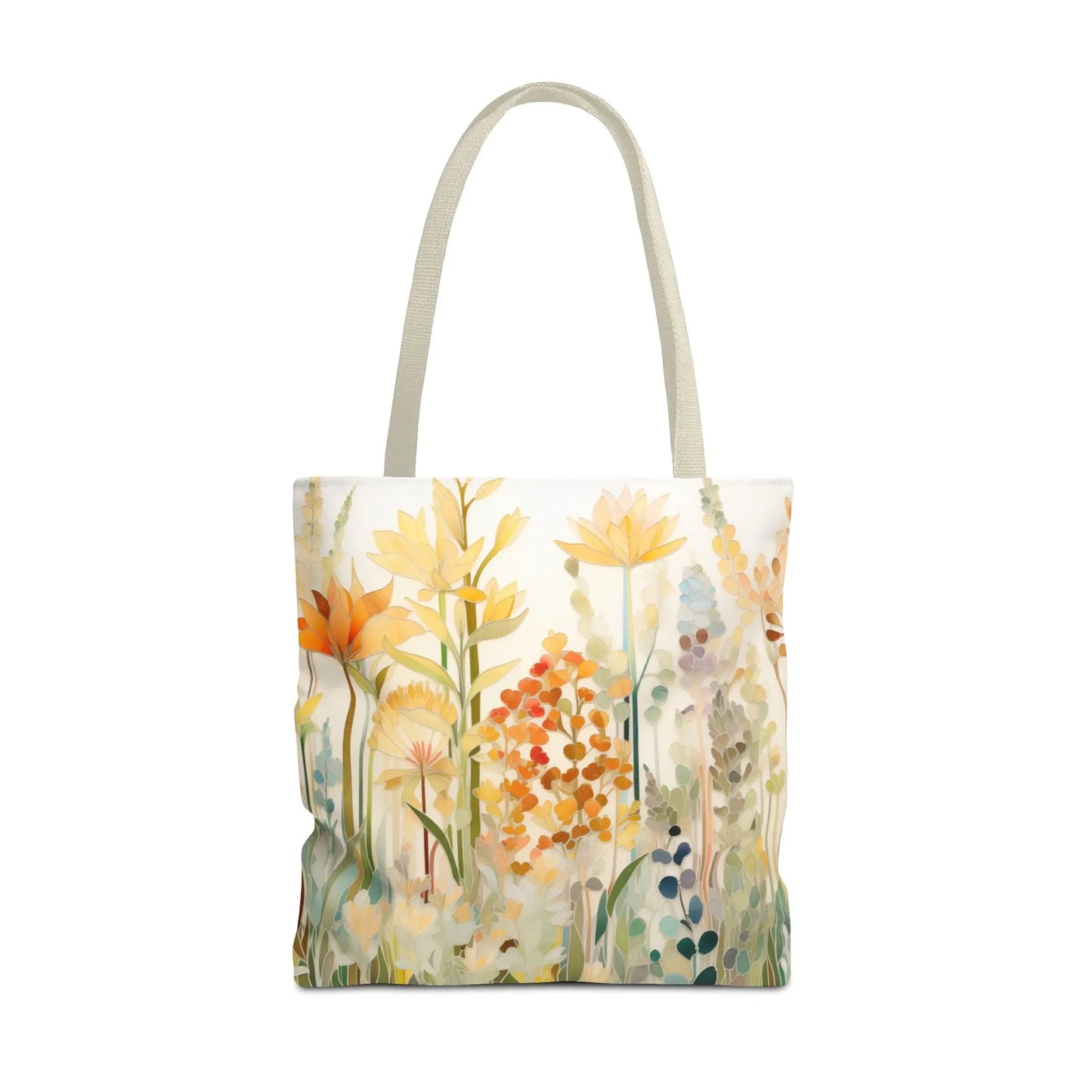 The Stained Glass Fall Flowers Tote Bag features a unique artist design with vibrant yellow, orange, and green flowers on a light backdrop. Made from durable polyester, this artistic tote is both striking and long-lasting. Available in 3 sizes.