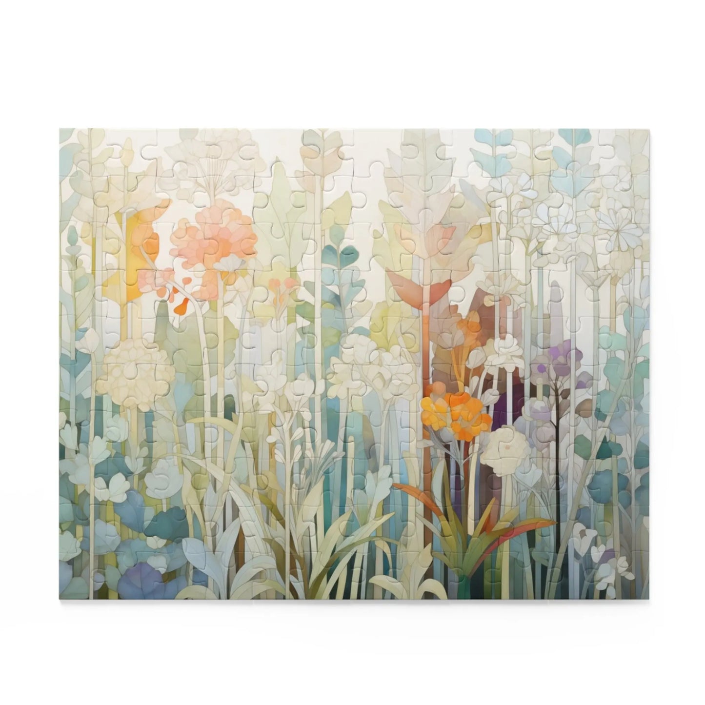 The Pastel Botanicals Jigsaw Puzzle features a stained glass art style with abstract flowers and soft shades of orange, blue, and green on a light background. Its high-quality chipboard pieces capture every detail perfectly.