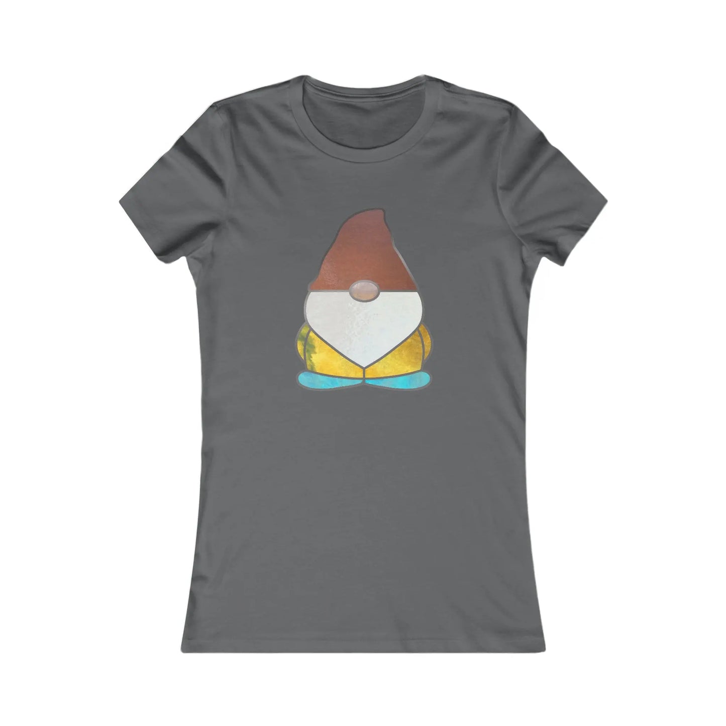The Stained Glass Gnome Womens Tee Shirt features a stained glass design of a gnome with a brown hat, round nose, white beard, teal shoes, and hints of yellow and orange in the textured body on a gray T-shirt.