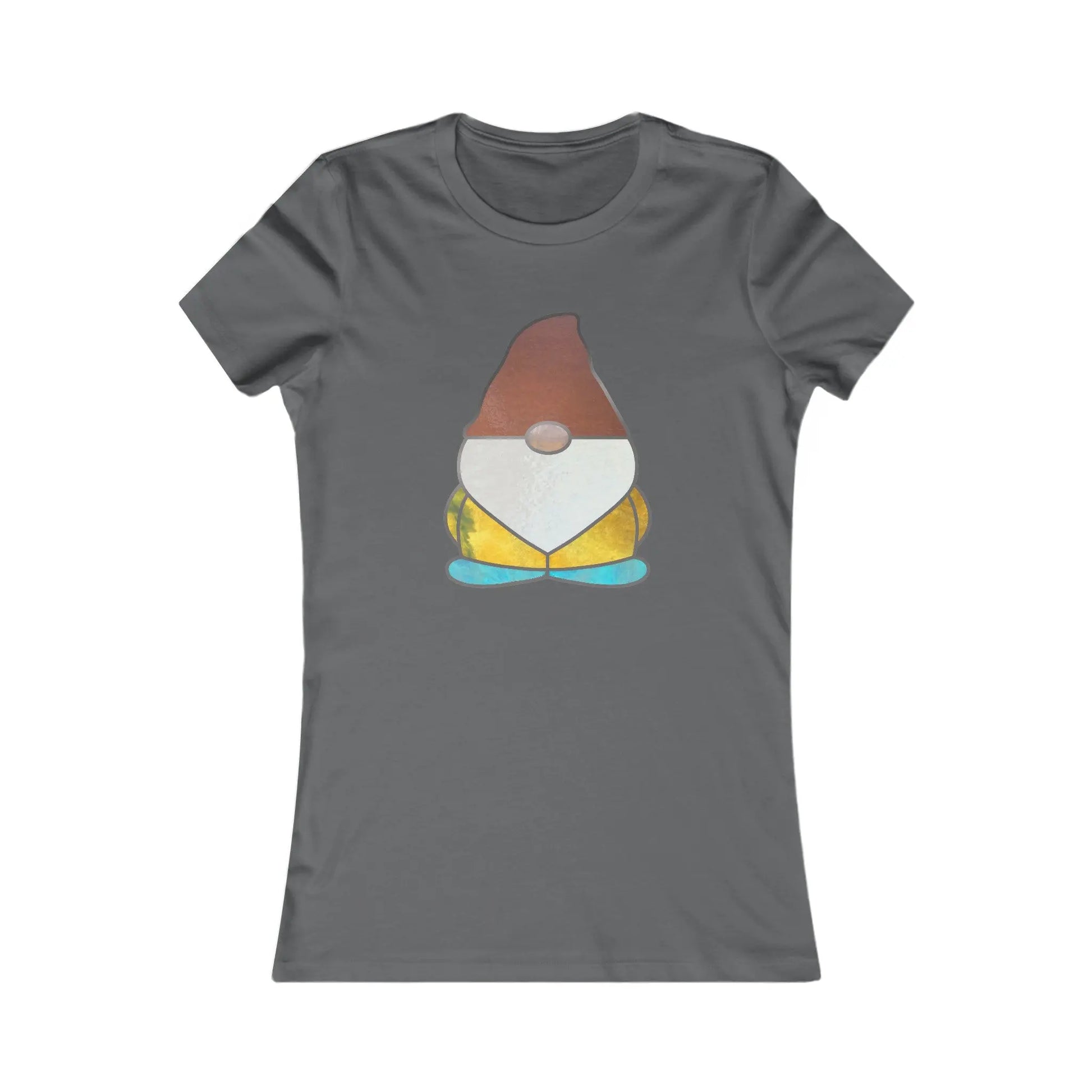The Stained Glass Gnome Womens Tee Shirt features a stained glass design of a gnome with a brown hat, round nose, white beard, teal shoes, and hints of yellow and orange in the textured body on a gray T-shirt.