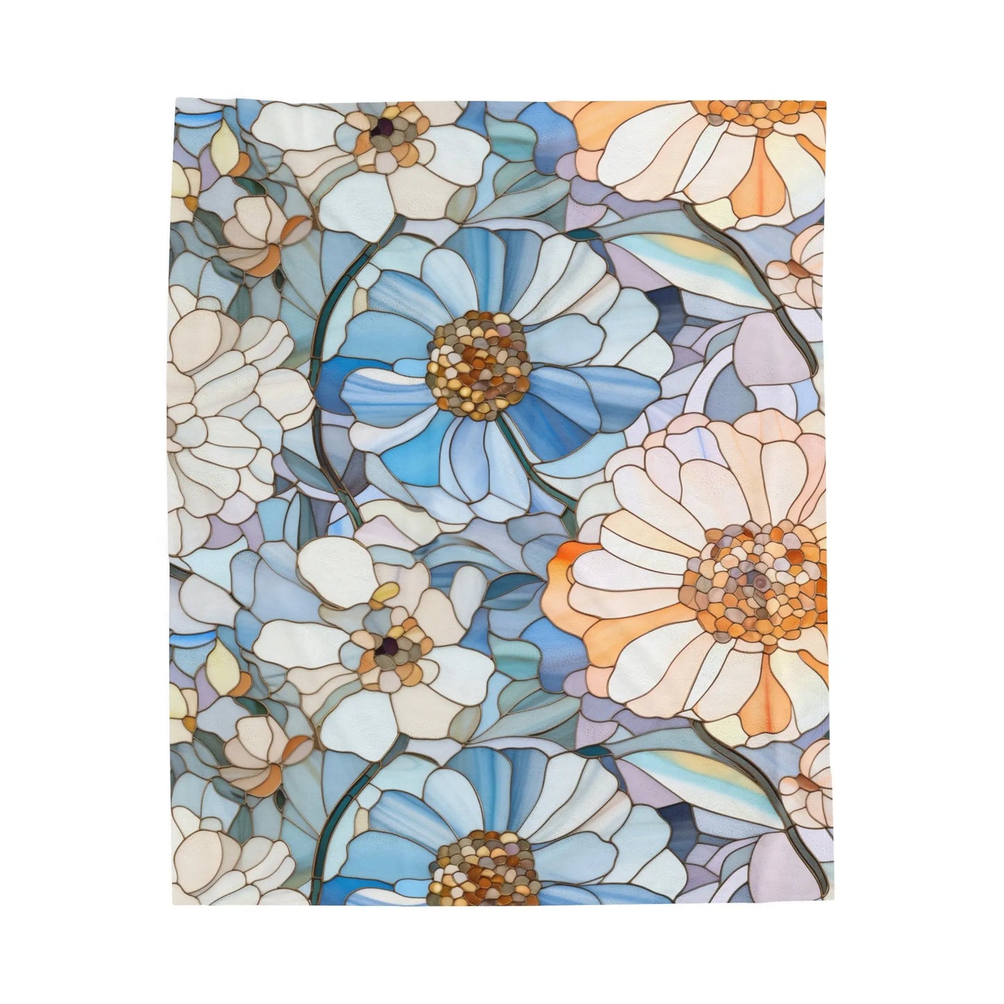 The Stained Glass Flowers Plush Blanket showcases a custom stained glass design with abstract blue, white, and peach flowers interwoven with leaves, forming a mosaic effect that mirrors the intricate beauty of a velveteen blanket.
