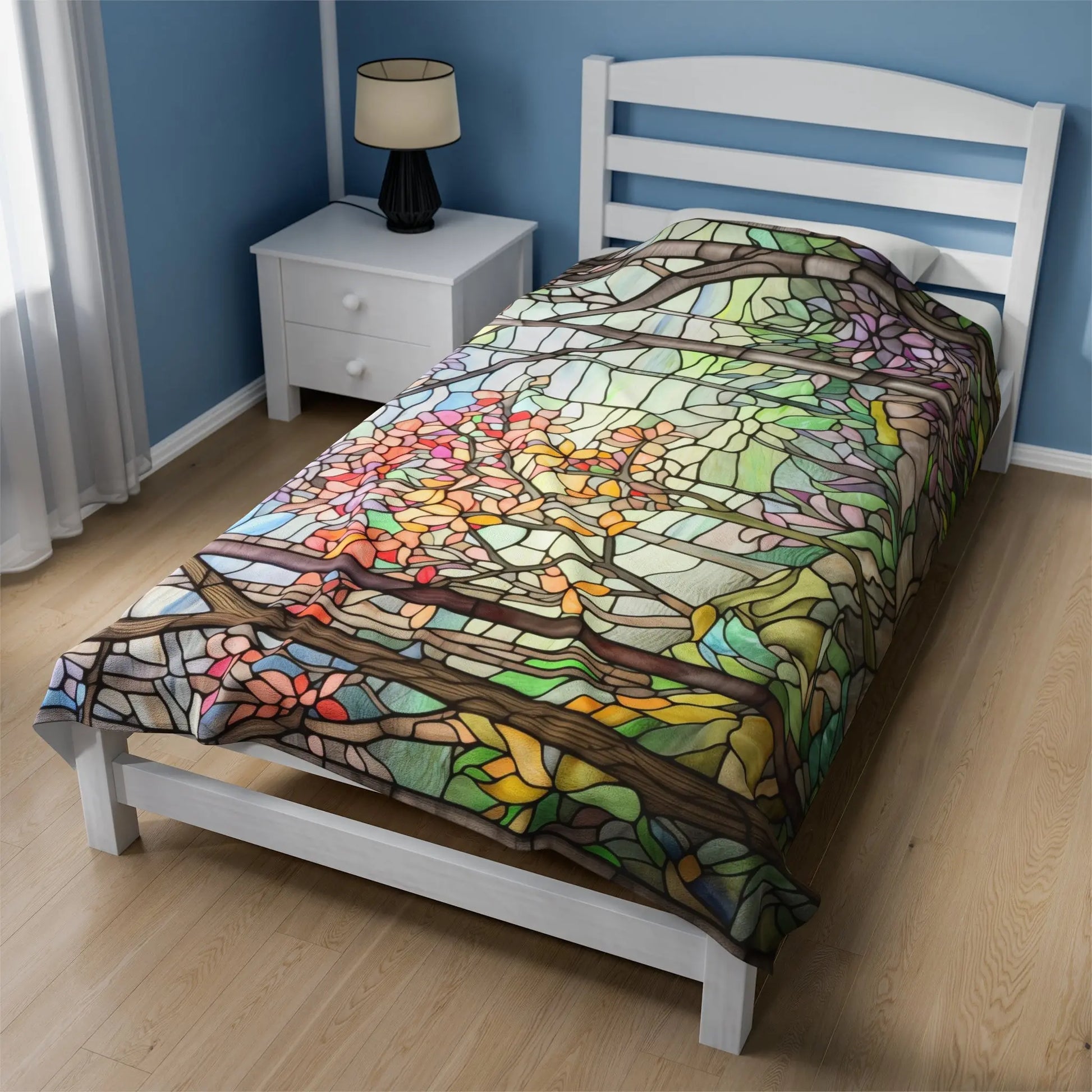 A picture of the Stained Glass Springtime Forest Velveteen Plush Blanket from GlassyRock Arts.