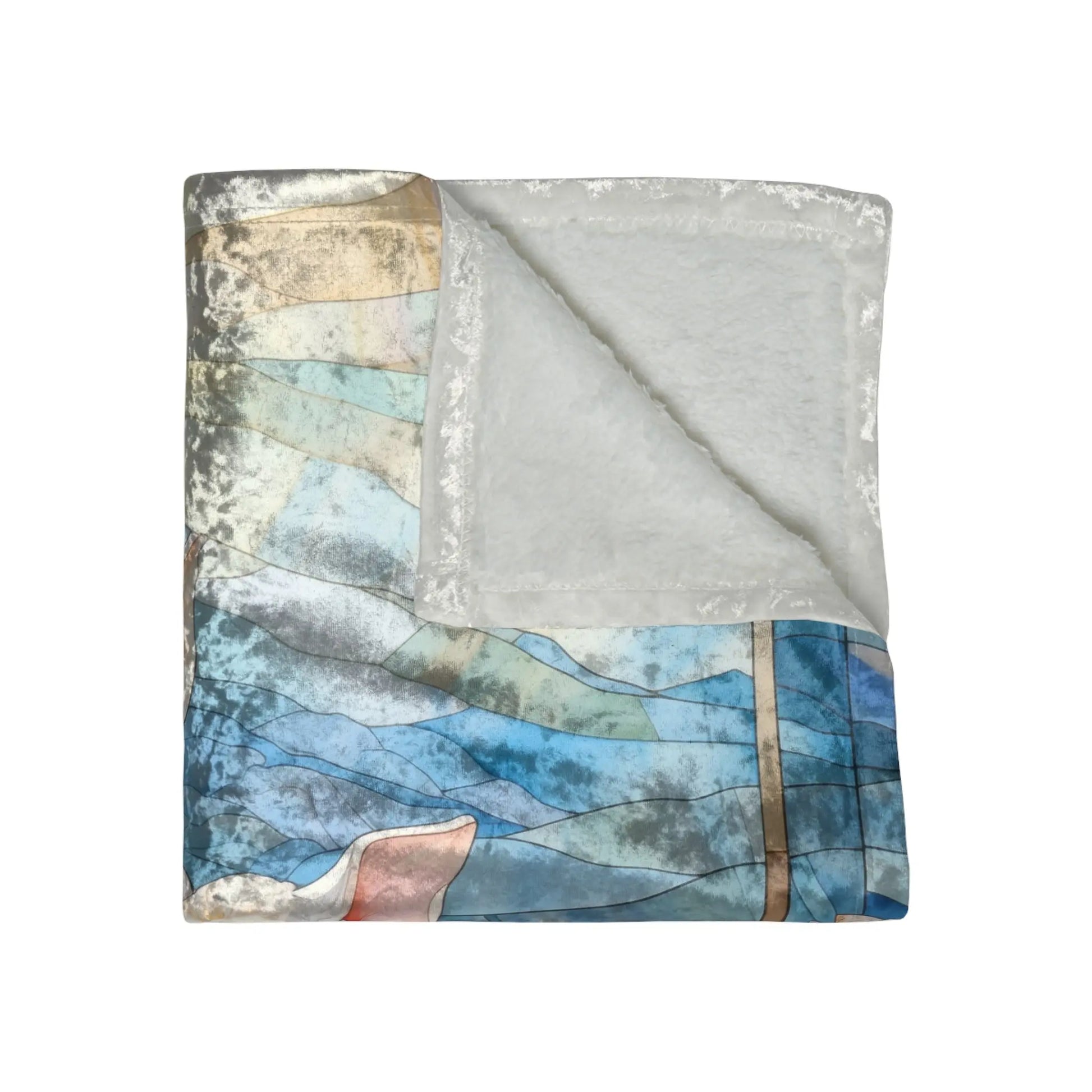 Stained Glass Piglets Crushed Velvet Blanket - 50x60 features a colorful, abstract wave pattern in blue, beige, and brown on one side, with a soft white plush lining on the other.