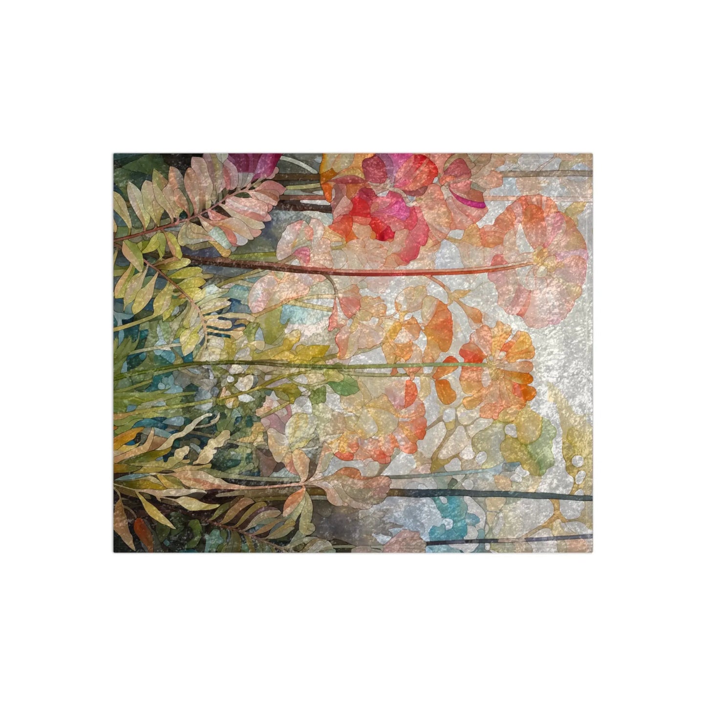 The Stained Glass Flowers & Ferns Crushed Velvet and Soft Fleece Blanket features a vibrant floral design with pink, orange, and red flowers and green leaves. Its textured pattern evokes a stained glass look, adding a rustic feel to this colorful 50x60 blanket.