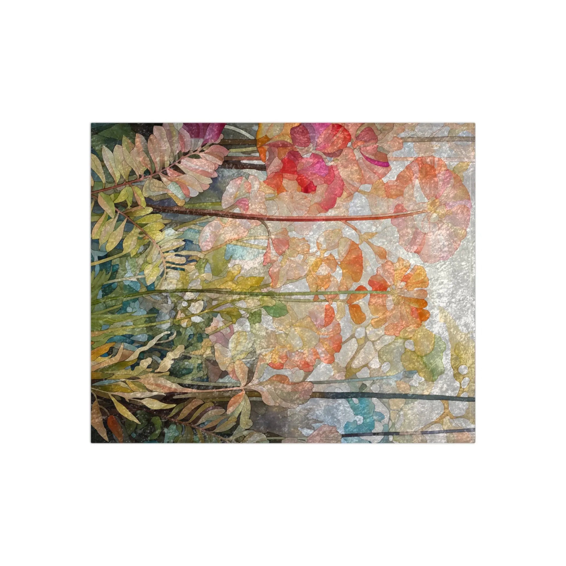 The Stained Glass Flowers & Ferns Crushed Velvet and Soft Fleece Blanket features a vibrant floral design with pink, orange, and red flowers and green leaves. Its textured pattern evokes a stained glass look, adding a rustic feel to this colorful 50x60 blanket.