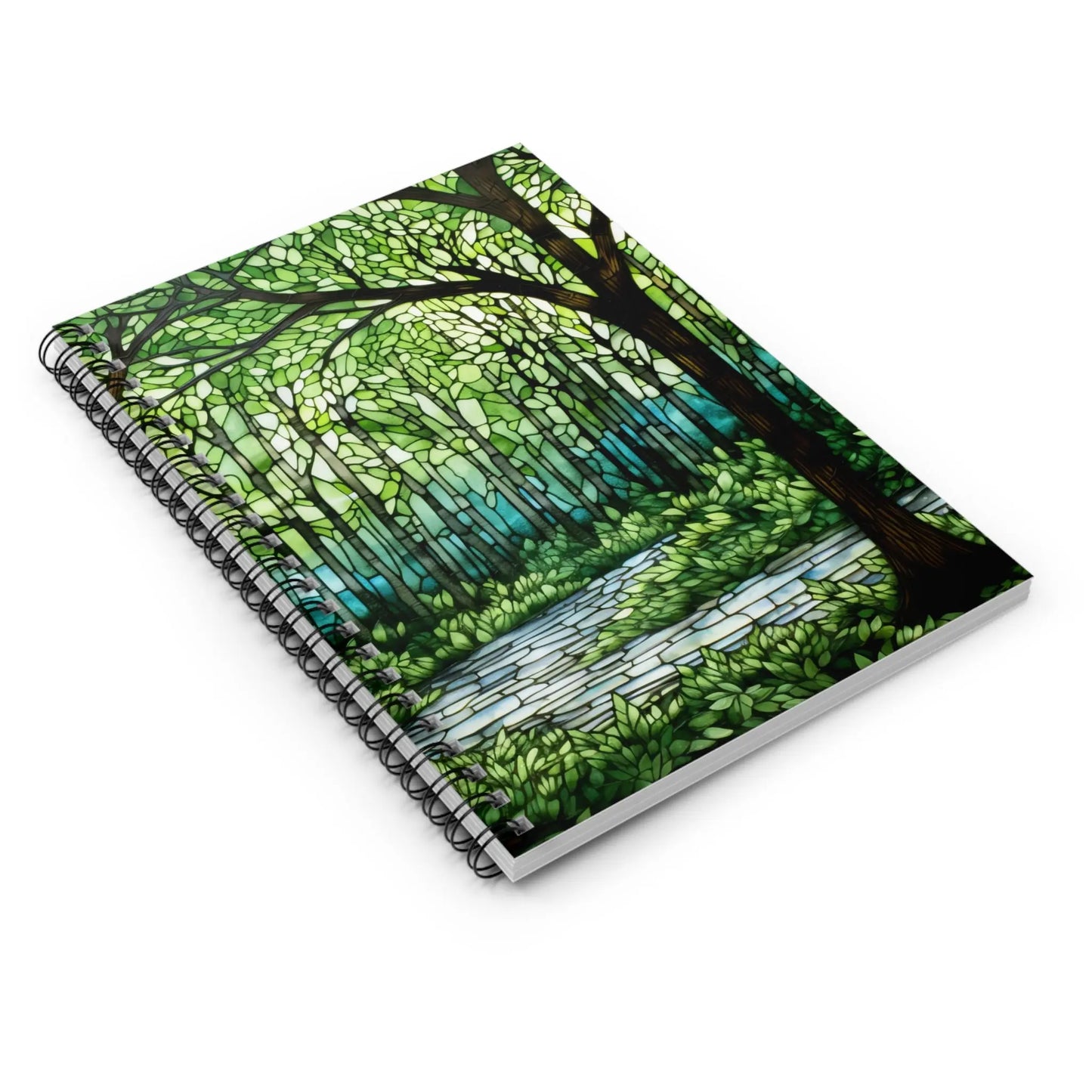 The Stained Glass Forest Spiral Notebook showcases a custom design of a lush green forest with a stone pathway. Its premium process highlights intricate mosaic details in various green shades on the trees and foliage, making it perfect for capturing your thoughts.