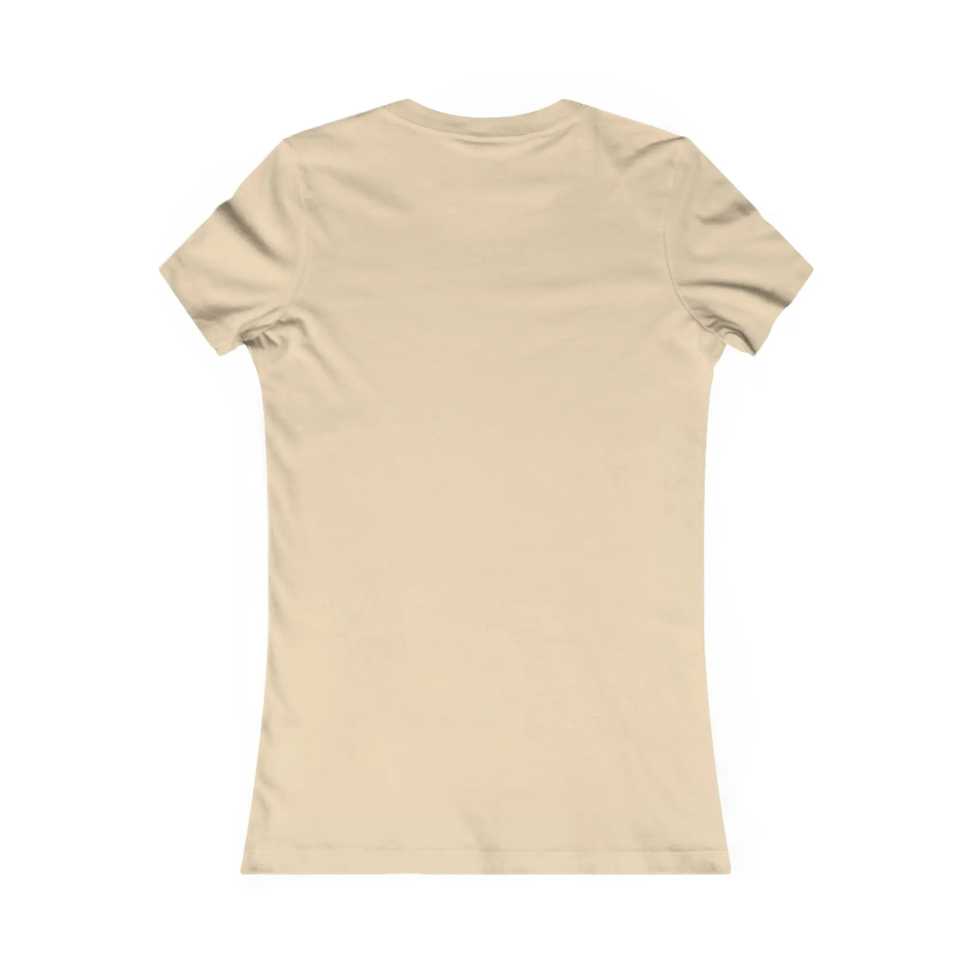 Back view of the Stained Glass Patchwork Bear Womens Tee Shirt in plain beige against a white backdrop. This sustainable, short-sleeve tee has a simple design without logos or patterns.