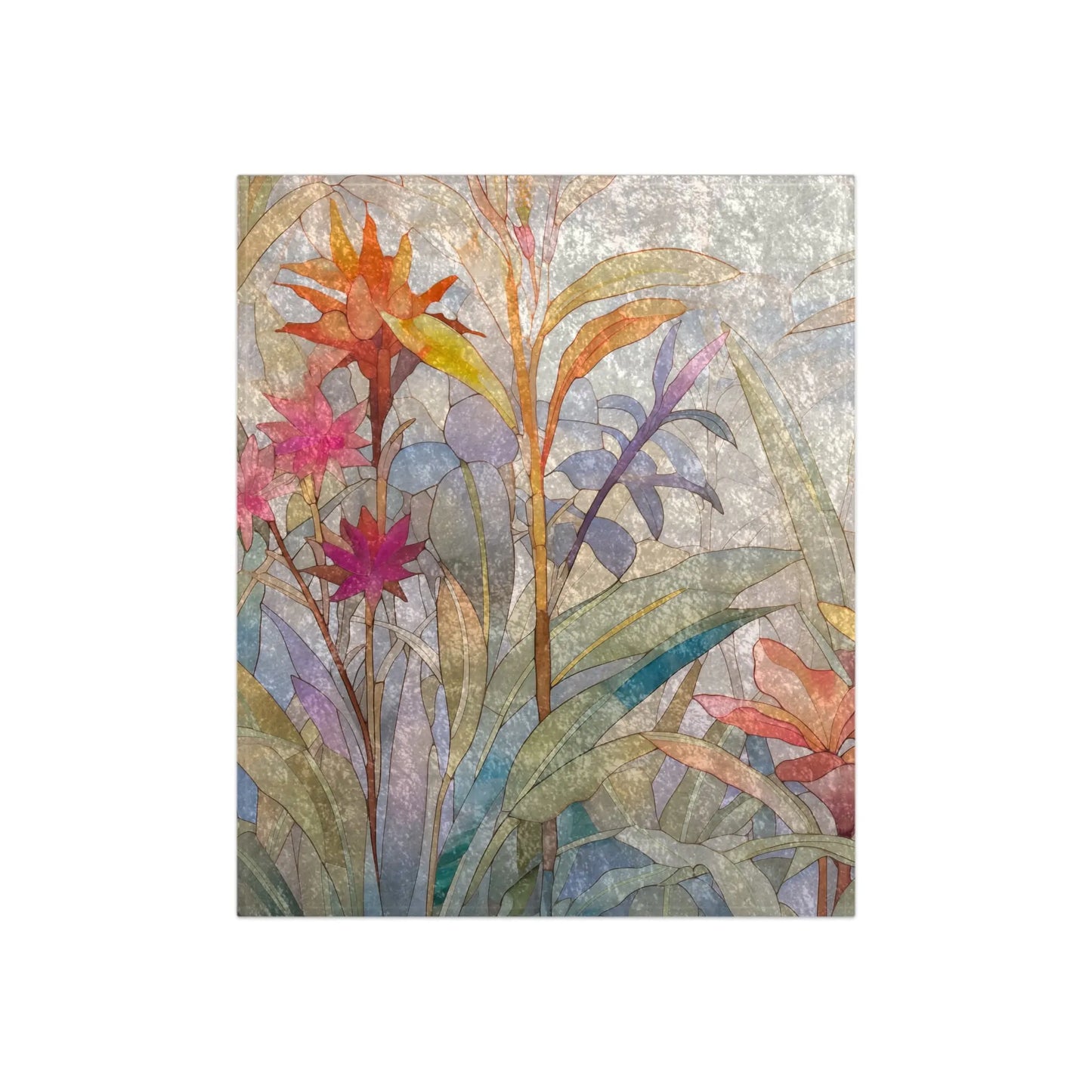 A vivid illustration of plants with tall leaves and vibrant orange, pink, and red flowers on a textured background is featured on the Stained Glass Tropical Flowers Crushed Velvet & Fleece Blanket - 50x60.