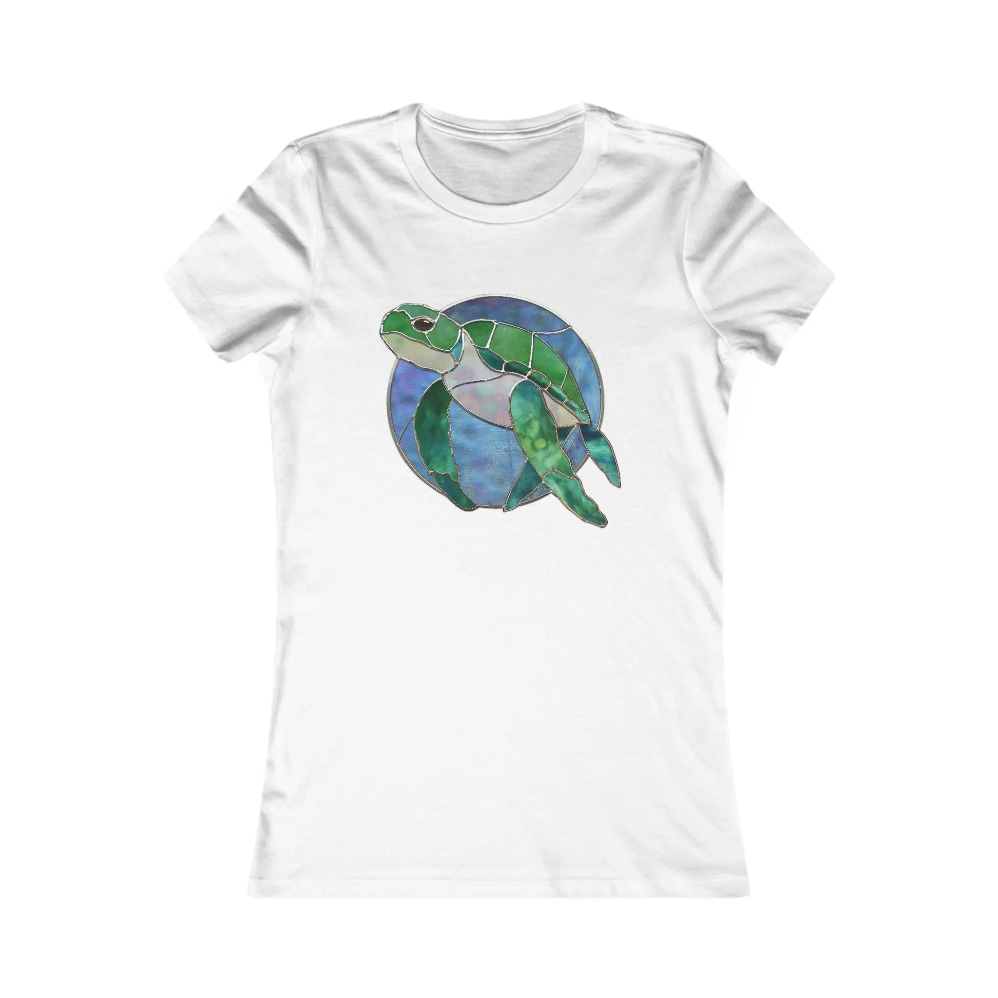The Stained Glass Turtle Womens Tee Shirt features a stylized green sea turtle set against a circular blue background, resembling stained glass. It embraces sustainable fashion by being thoughtfully made on demand.