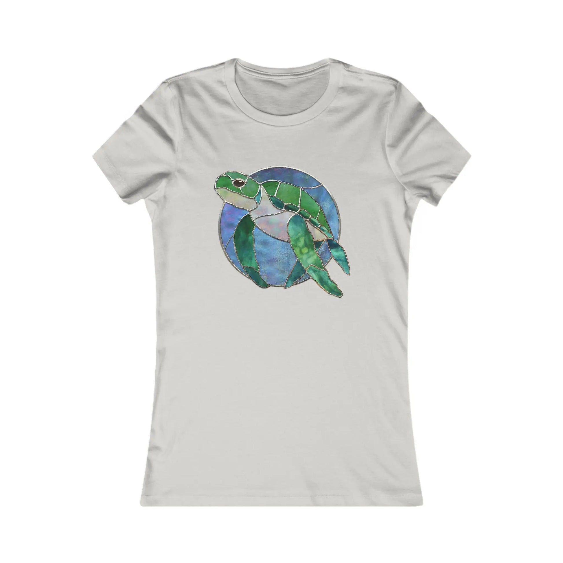 This gray Stained Glass Turtle Womens Tee Shirt features a green sea turtle with a stunning circular blue and purple stained glass design. Made on demand for sustainable fashion, it offers unique and eco-friendly style while minimizing waste.
