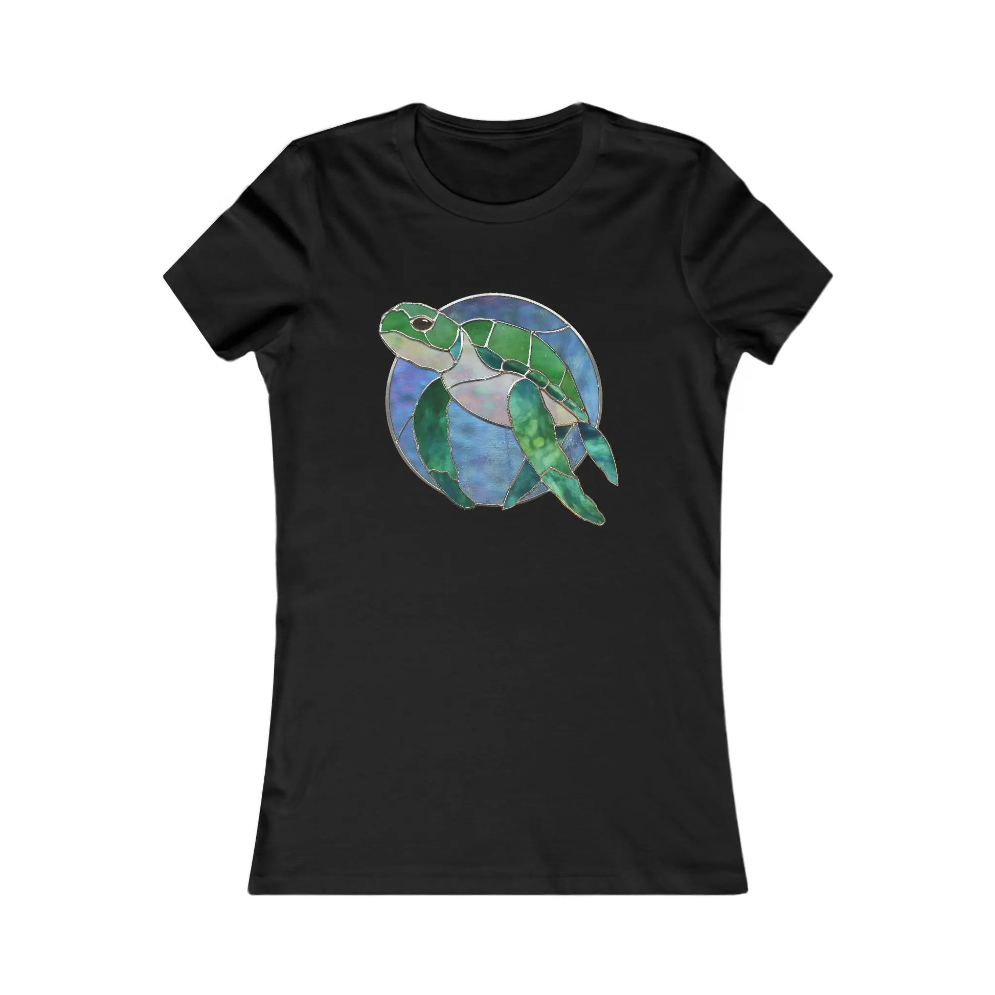 Black Stained Glass Turtle Womens Tee Shirt showcasing an artistic stained glass design of a green sea turtle in a circle with a watercolor-style background.