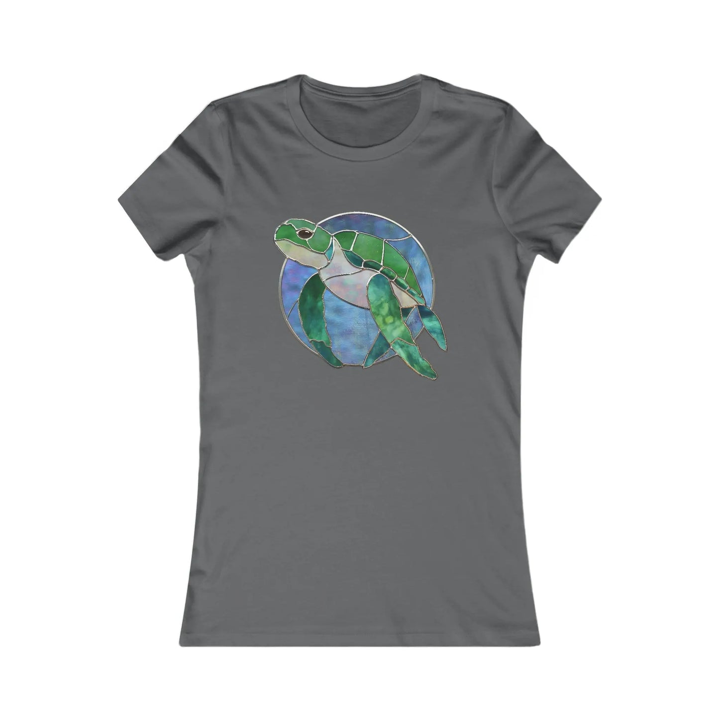 The Stained Glass Turtle Womens Tee Shirt features a vibrant stained glass sea turtle design in green and blue. Part of our sustainable fashion line, it is made on demand for eco-friendly practices.