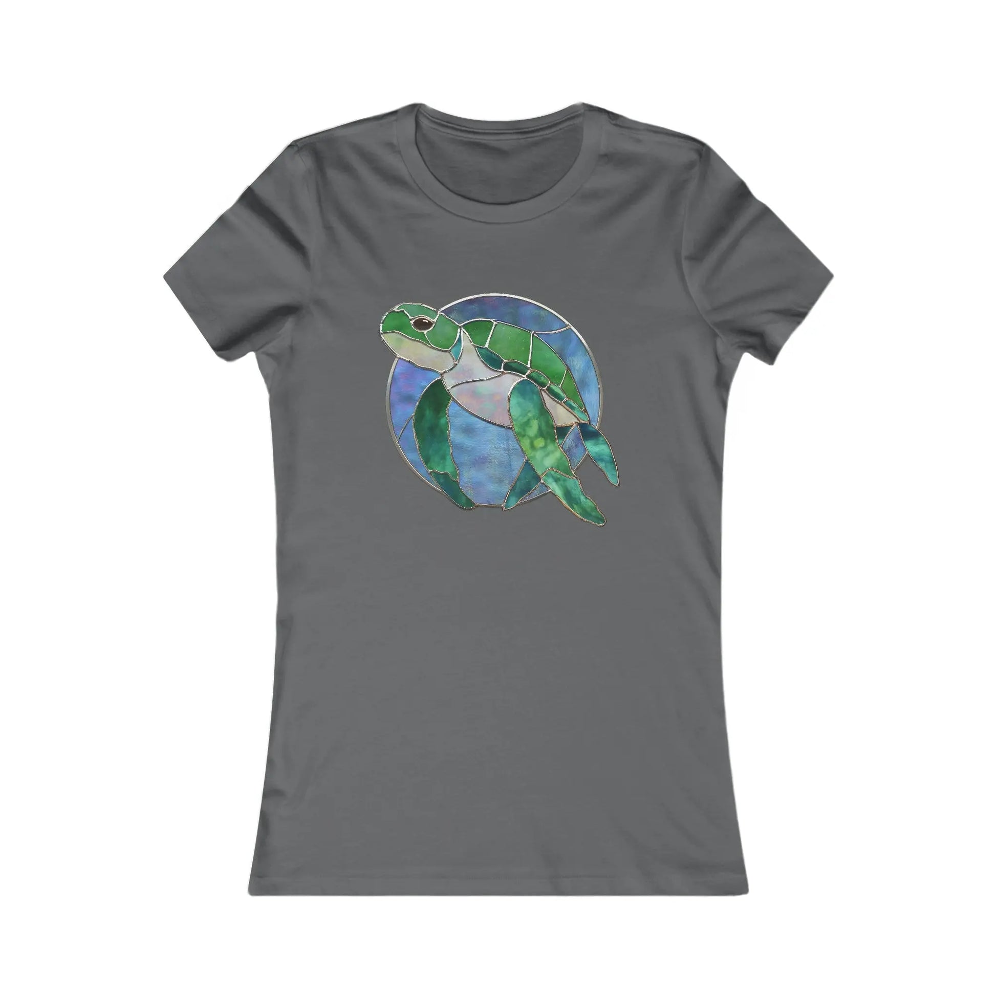 The Stained Glass Turtle Womens Tee Shirt features a vibrant stained glass sea turtle design in green and blue. Part of our sustainable fashion line, it is made on demand for eco-friendly practices.