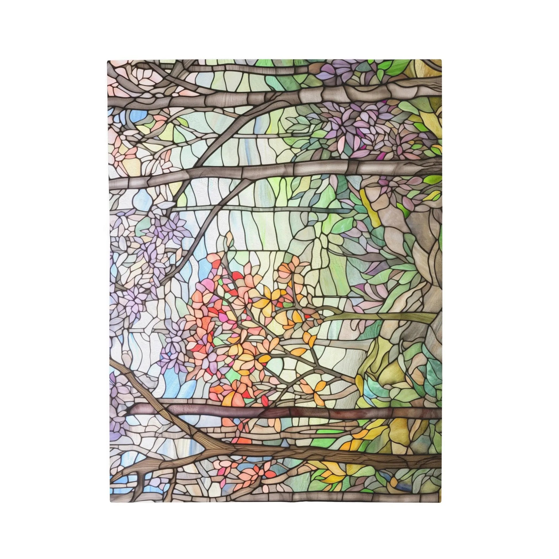 A picture of the Stained Glass Springtime Forest Velveteen Plush Blanket from GlassyRock Arts.