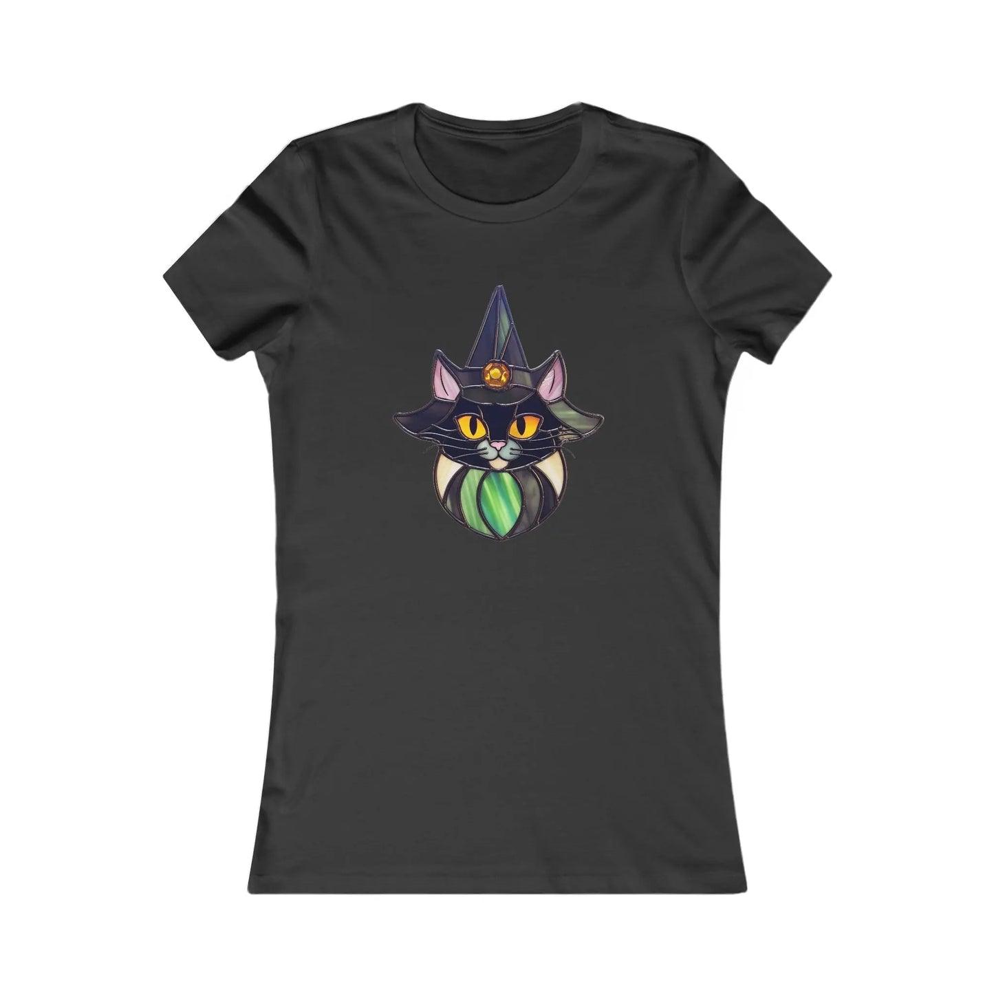 The Stained Glass Cat Witch Womens Tee Shirt showcases a black T-shirt design with a stained glass-inspired cat illustration. The cat has striking yellow eyes, purple and green accents, and wears a witch hat with a mystical pendant. This design is centered on the front.